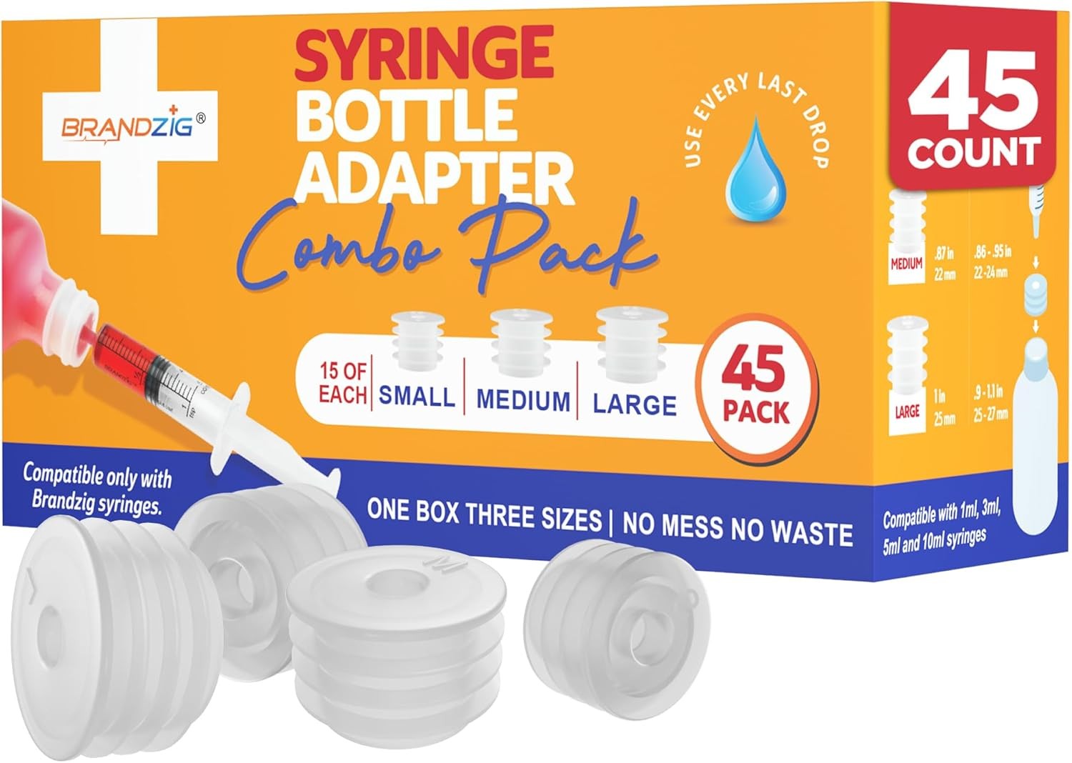 Medicine Bottle Syringe Adapter For Oral Dispensers 45 Pieces 3 Sizes (15 each s