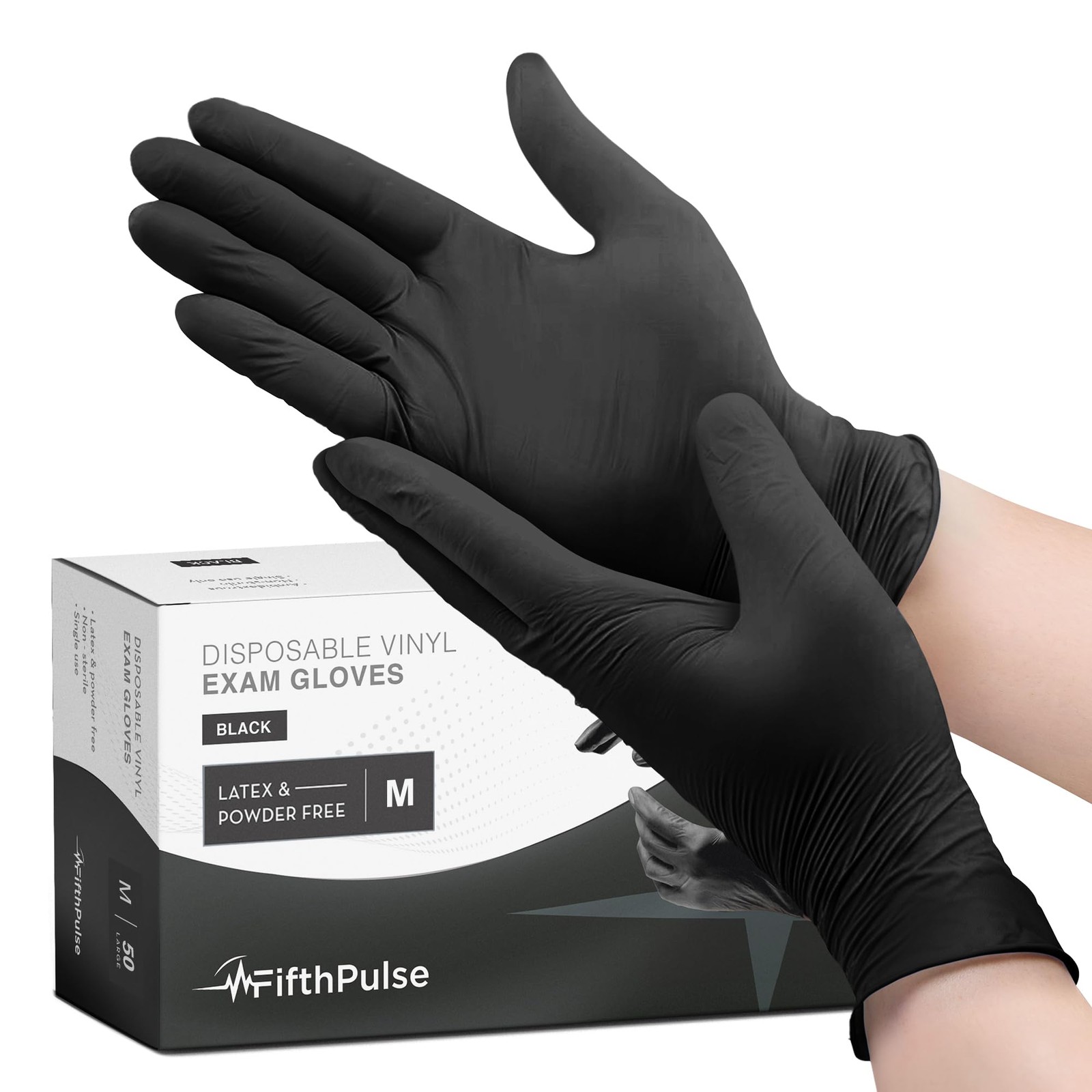 FifthPulse Black Vinyl Disposable Gloves Medium (Pack of 50), (Medium)