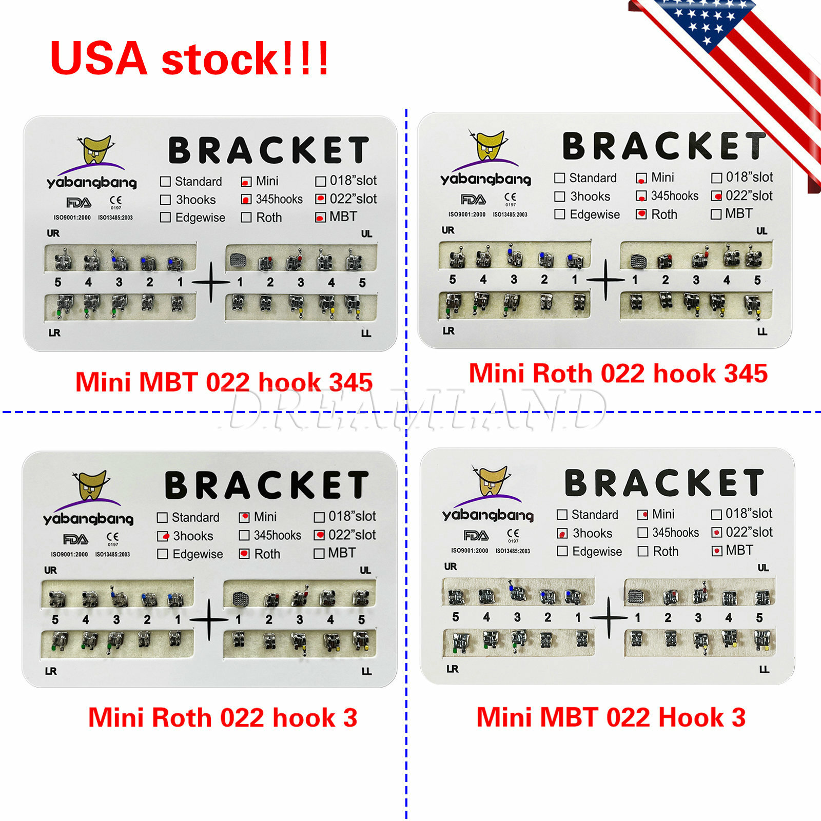 Yabangbang Dental Ortho Brackets Mini/Standard MBT/Roth 022 Hooks 3 4 5