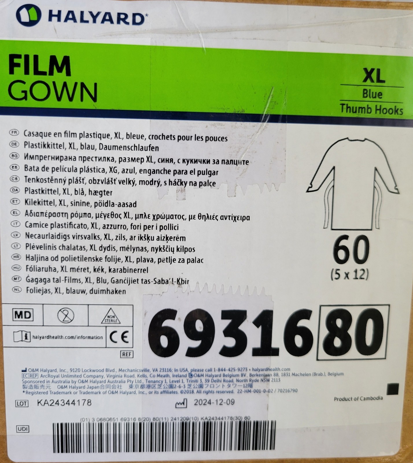 Halyard Film Gown, XL, Blue, Thumb Hooks Box Of 60! 69316