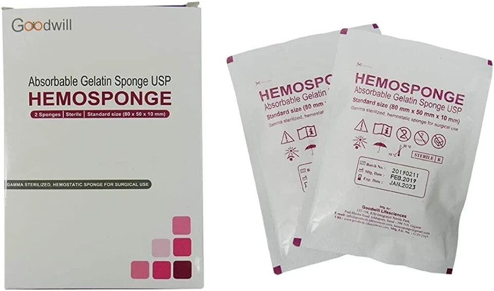 HEMOSPONGE Absorbable Gelatin USP Sterile Sponge 2pcs Pack SIZE #80x50x10mm
