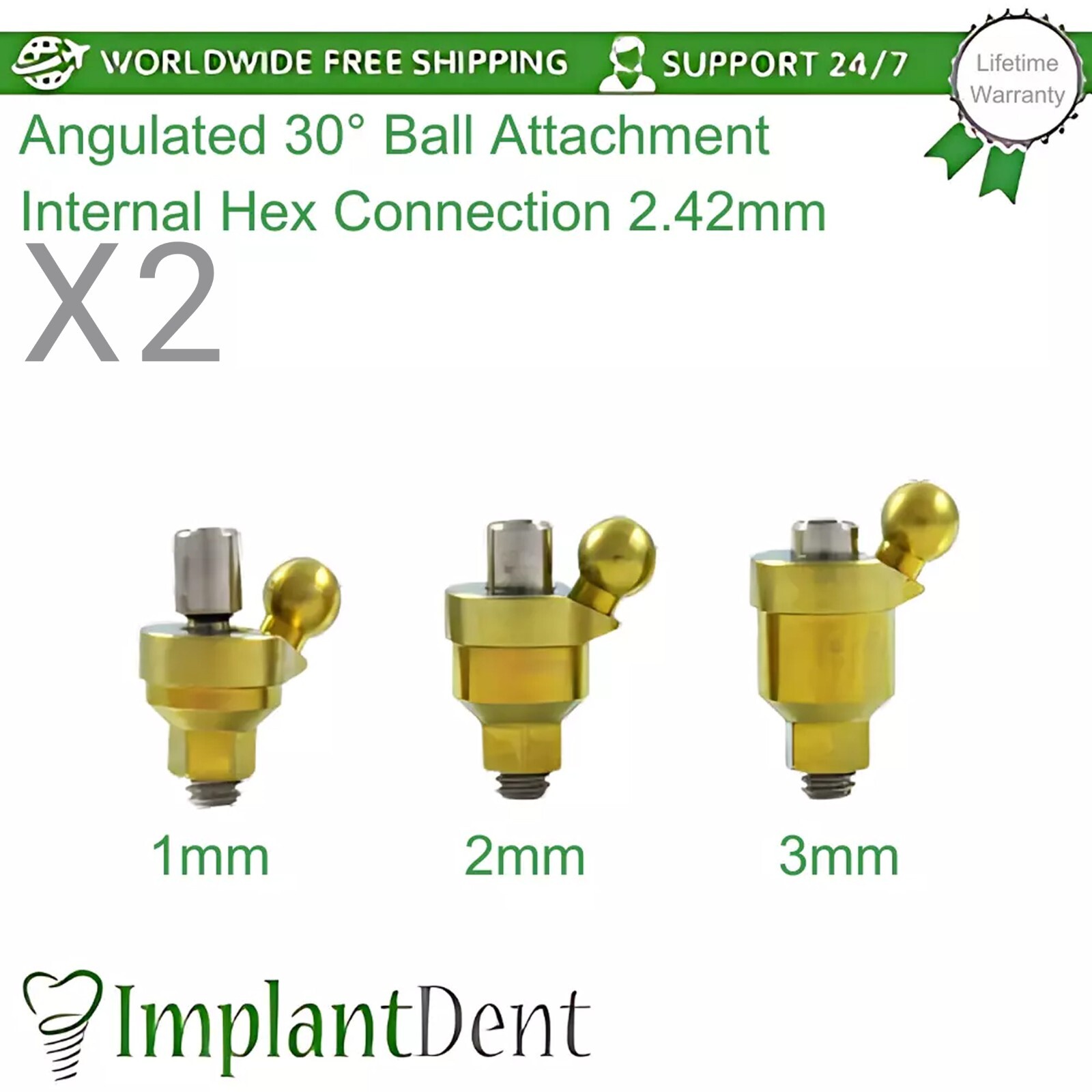 2x Angulated 30° Ball Attachment Titanium Dental Lab Int Hex Connection 2.42mm