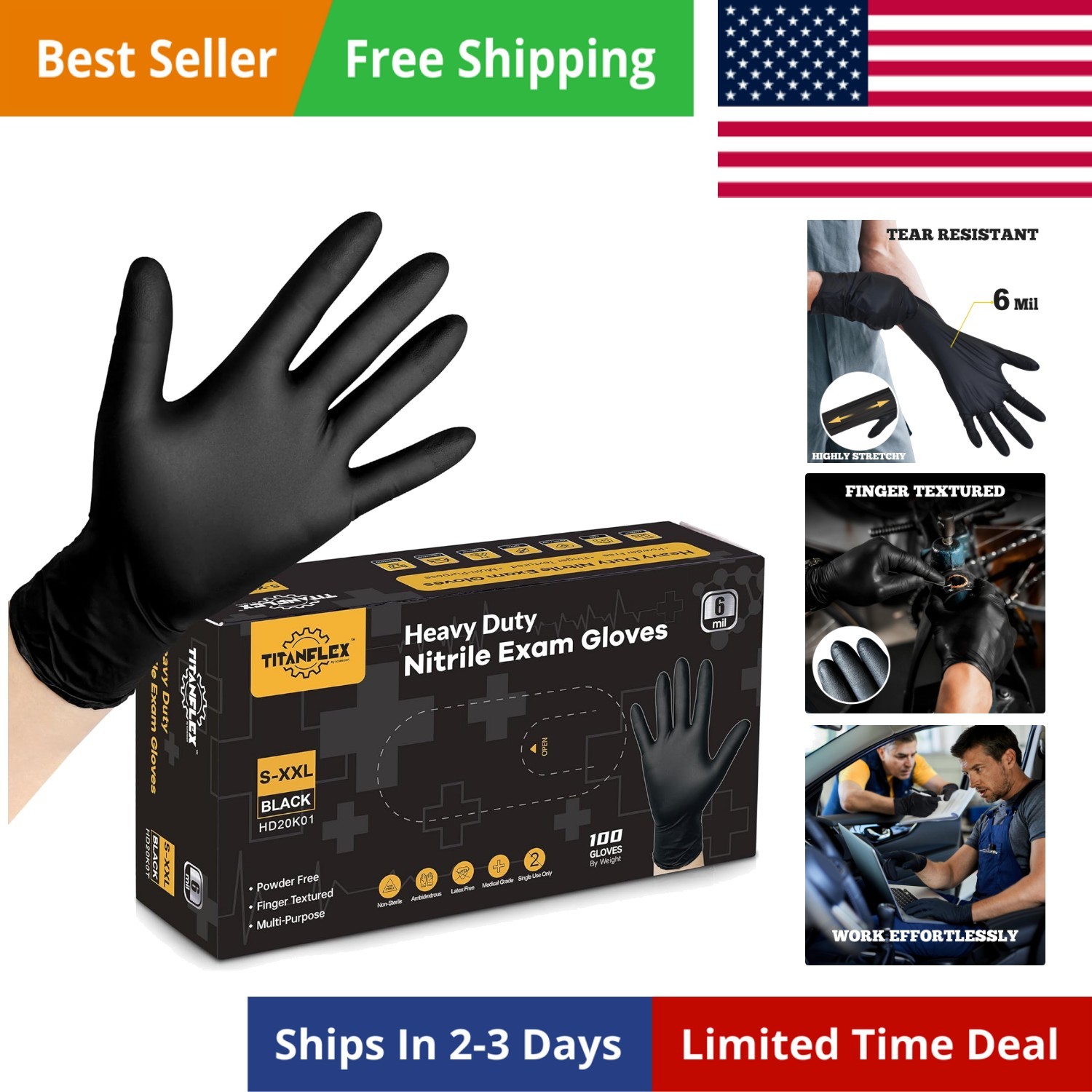 Disposable Nitrile Exam Gloves, 6-mil, Black, Heavy Duty, Latex Free, Food Sa…