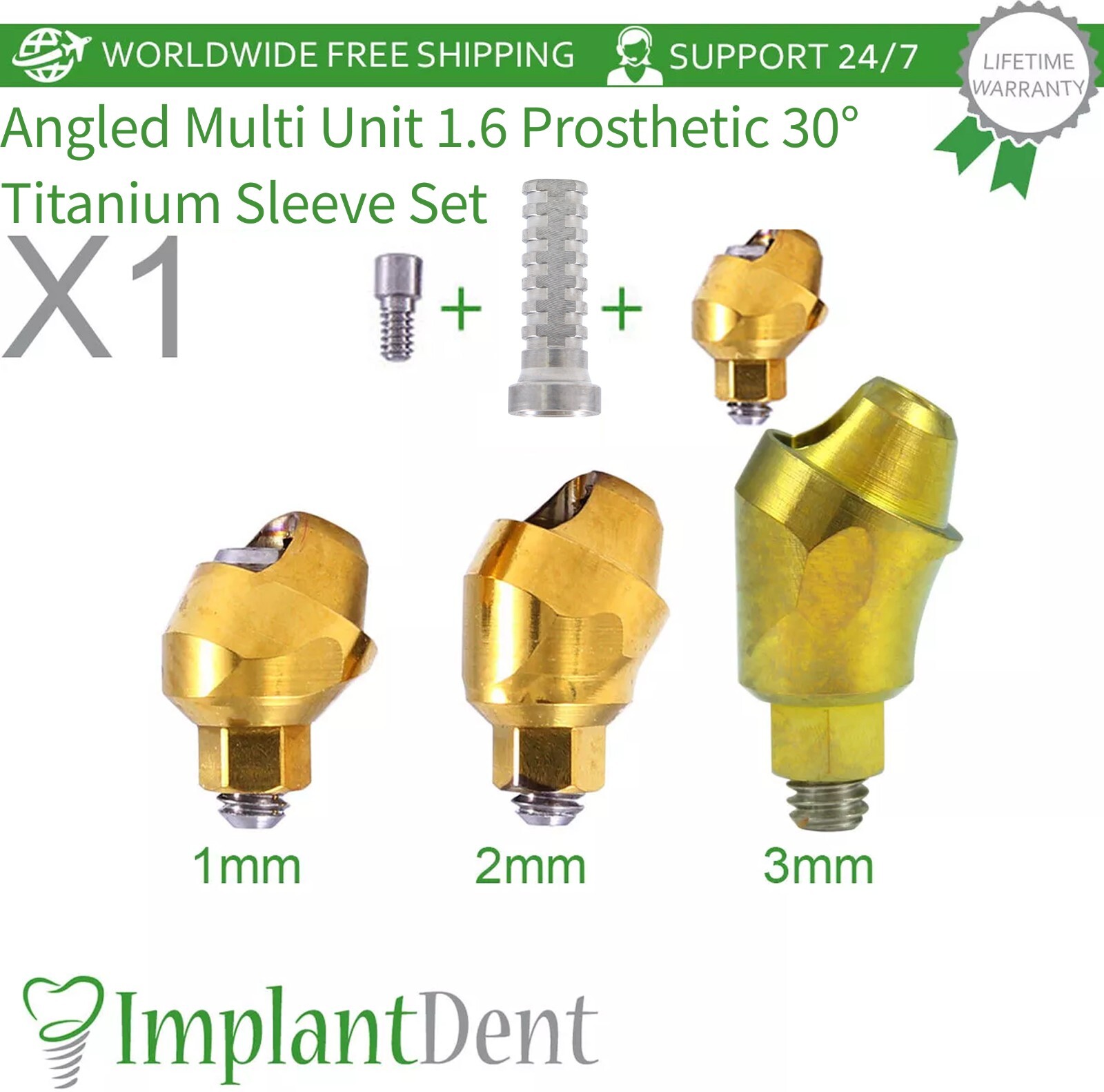 1x Dental Angulated Multi Unit 1.6 Titanium Sleeve Set 30° Prosthetic Hex 2.42mm