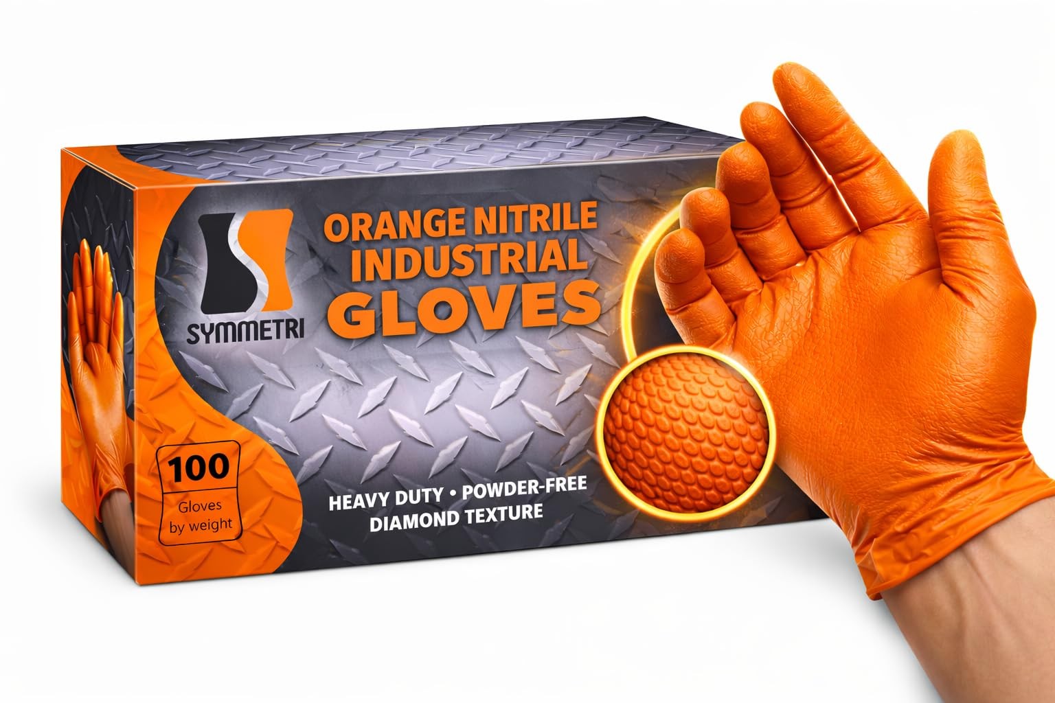 AroCare 8 Mil Orange Nitrile Gloves, Diamond Grip, Powder-Free, Latex-Free, M…