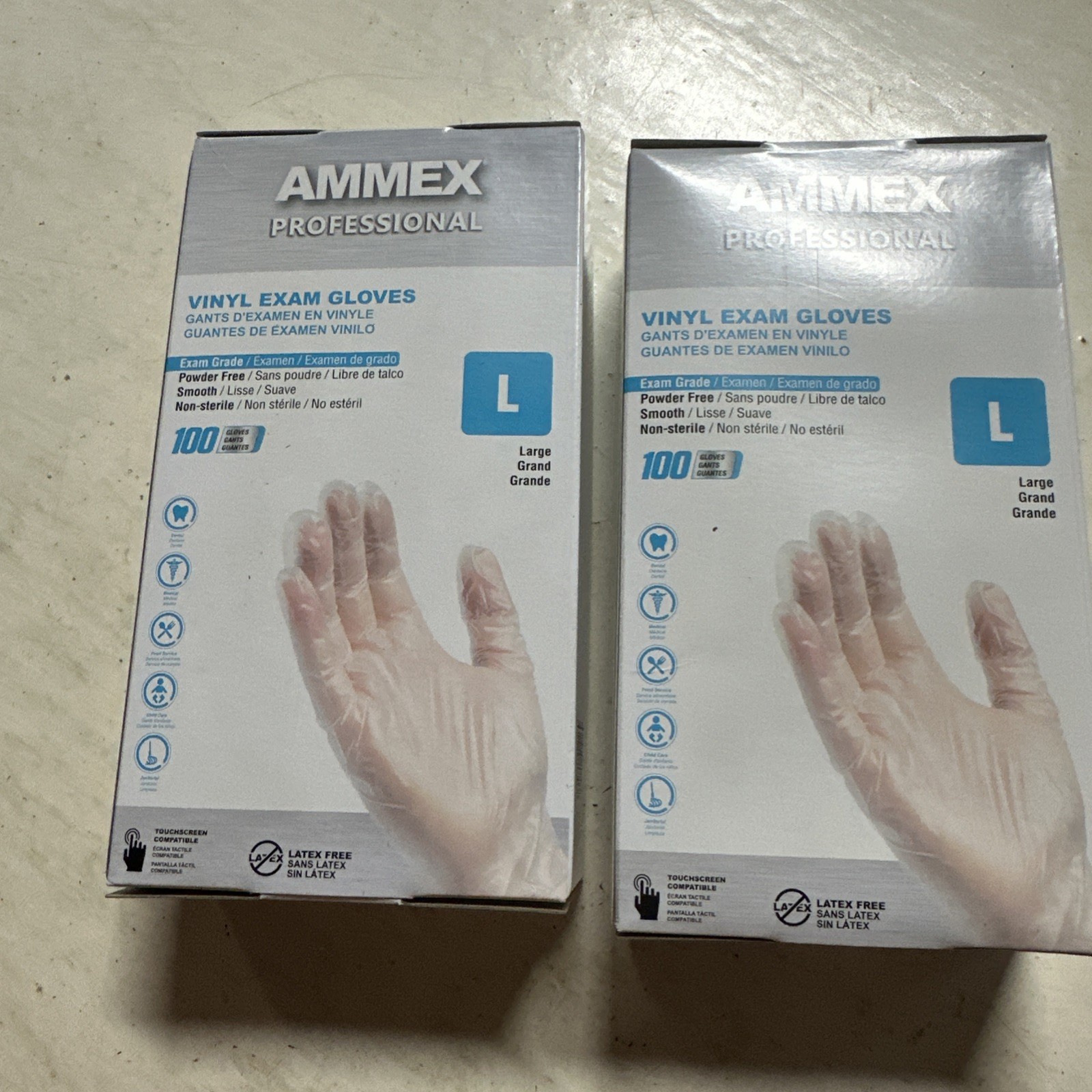 200 Exam Gloves 2 Boxes AMMEX Professional Vinyl Latex & Powder Free Size Large