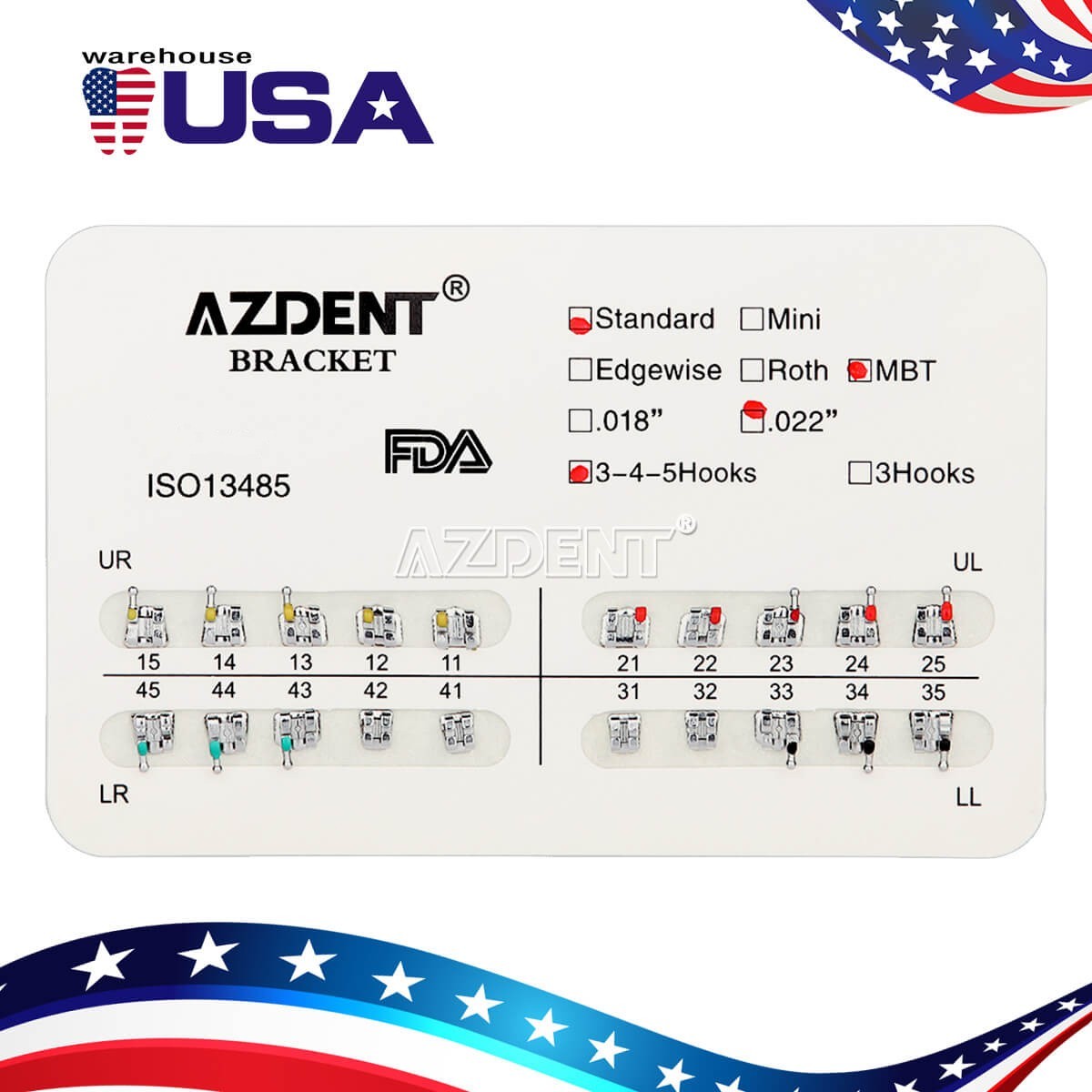 20pcs Dental Orthodontic Brackets Standard MBT Slot 022 Hook 3-4-5 Braces