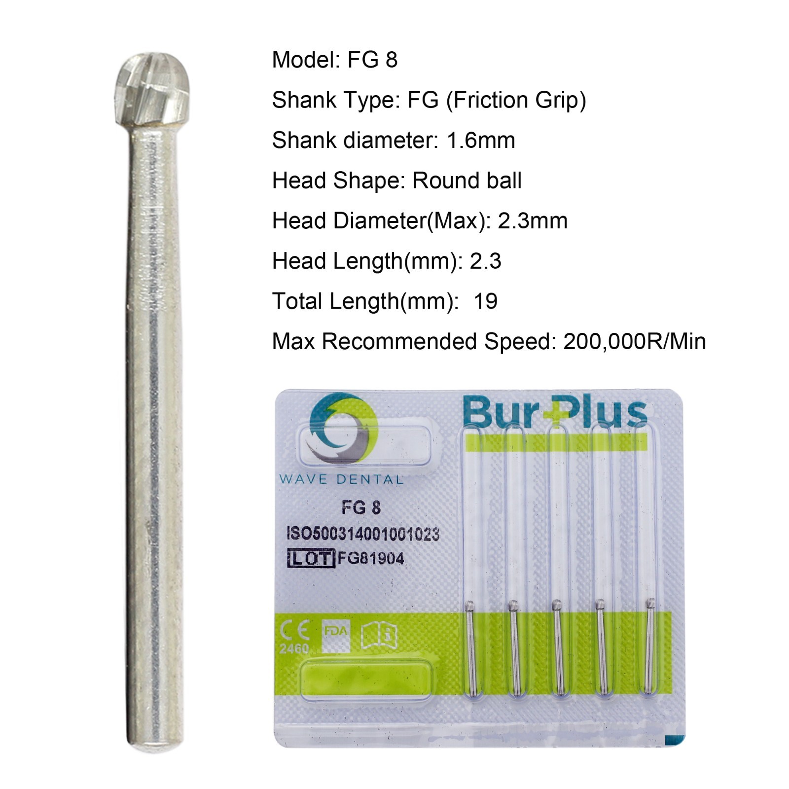 WAVE Dental Burs Tungsten Carbide FG 8 Round Ball Friction Grip High Speed 19mm