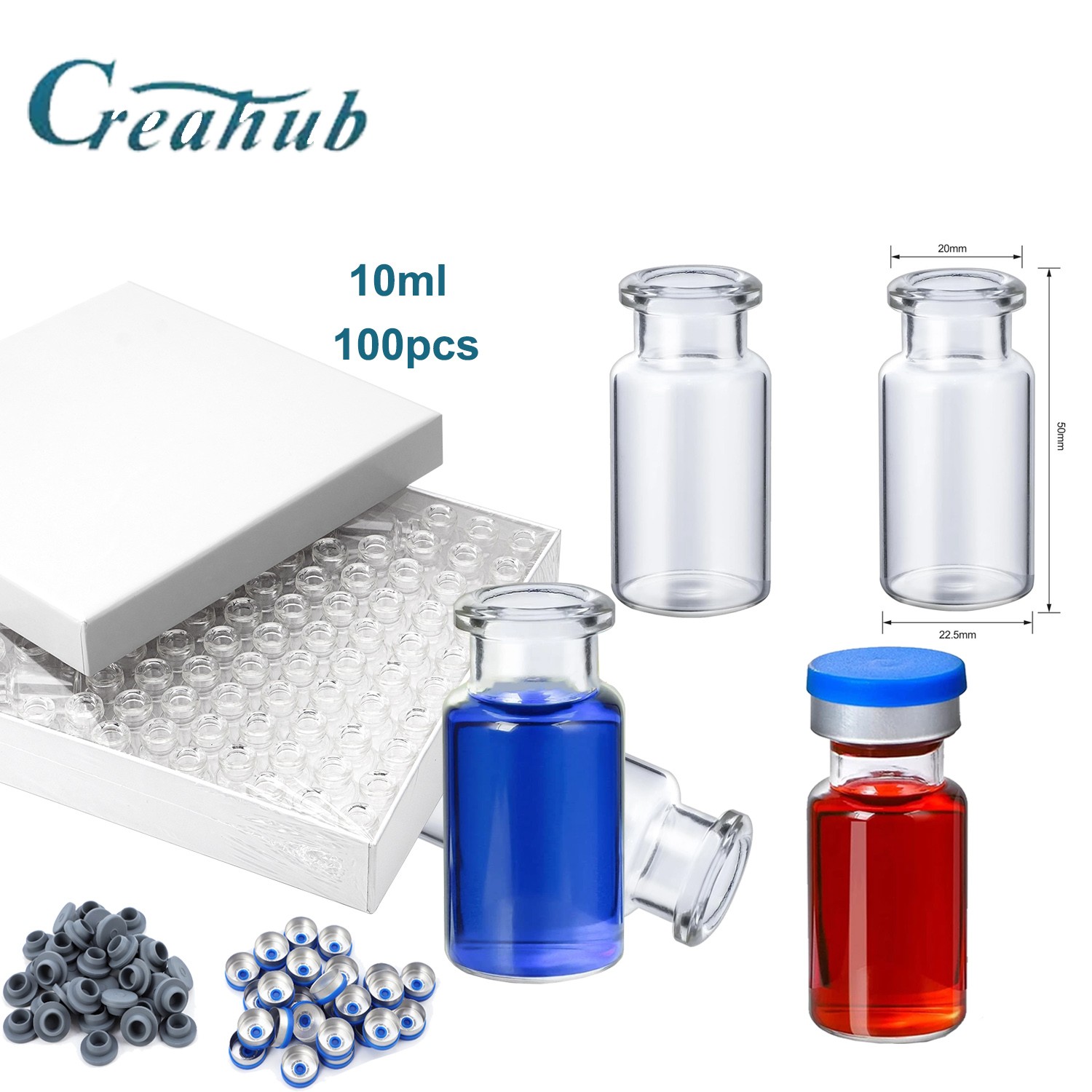 100x 10ml Sample Vials Clear Glass Bottle 20mm Crimp Top Headspace HPLC Flat