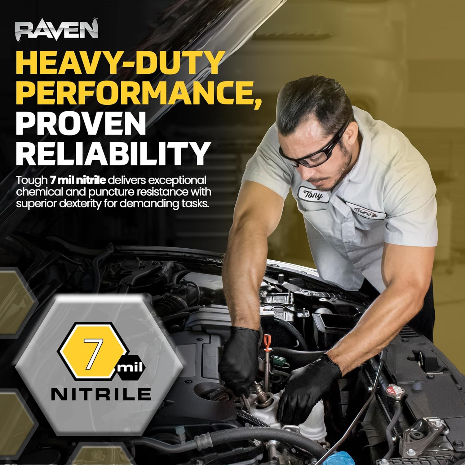 Safety 66520 Raven Powder-Free Disposable Black Nitrile 7 Mil Mil Gloves, XXL ,