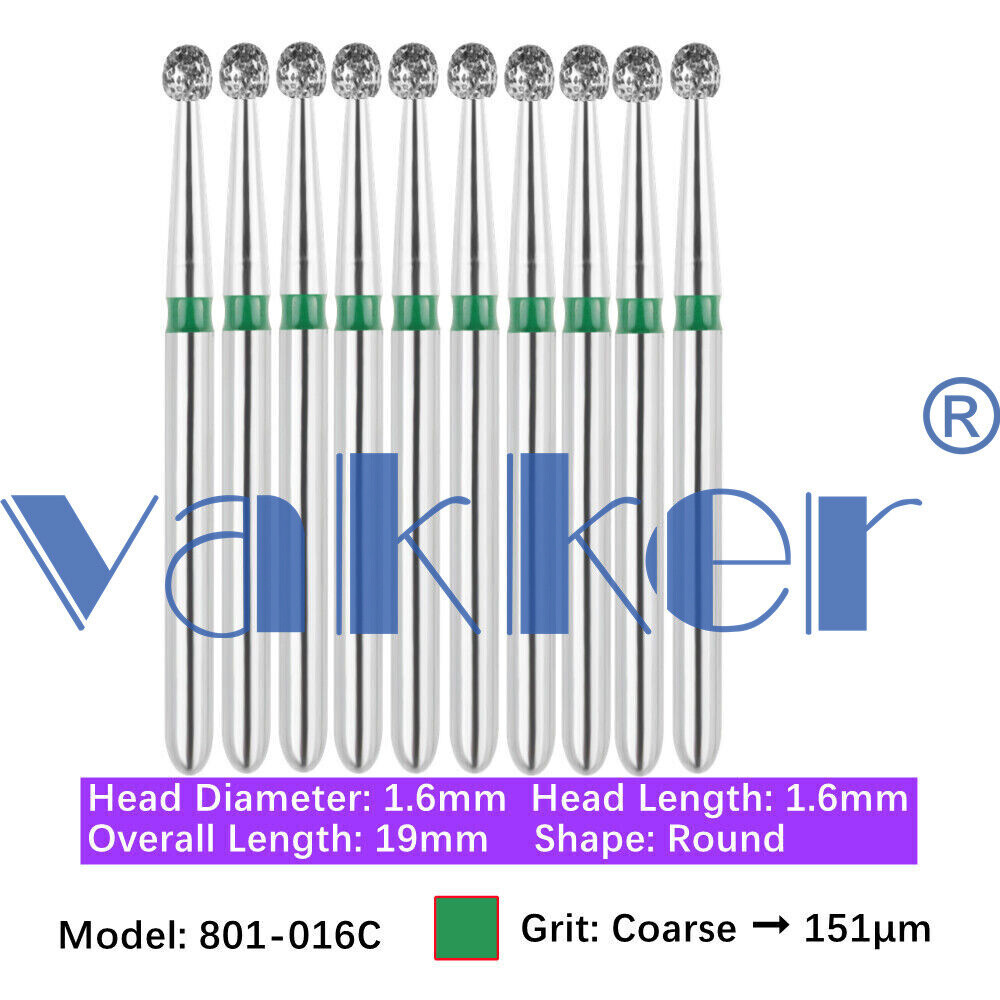 10/pk Vakker Dental Round FG Diamond Burs 801-016C Coarse Grit for High Speed