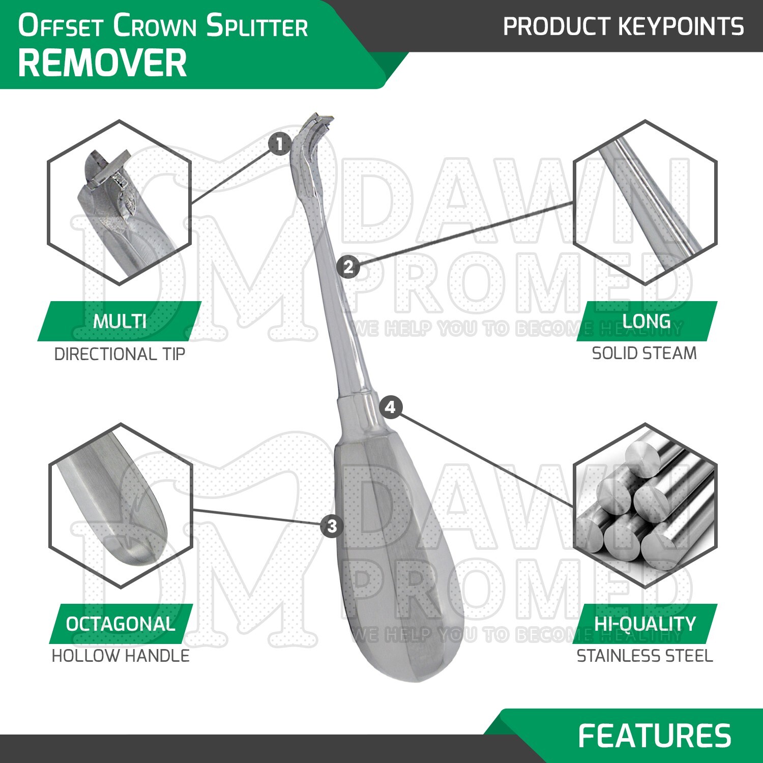 Offset Crown Splitter Remover 5.75″ Posterior Elevator Handle Dental Instrument