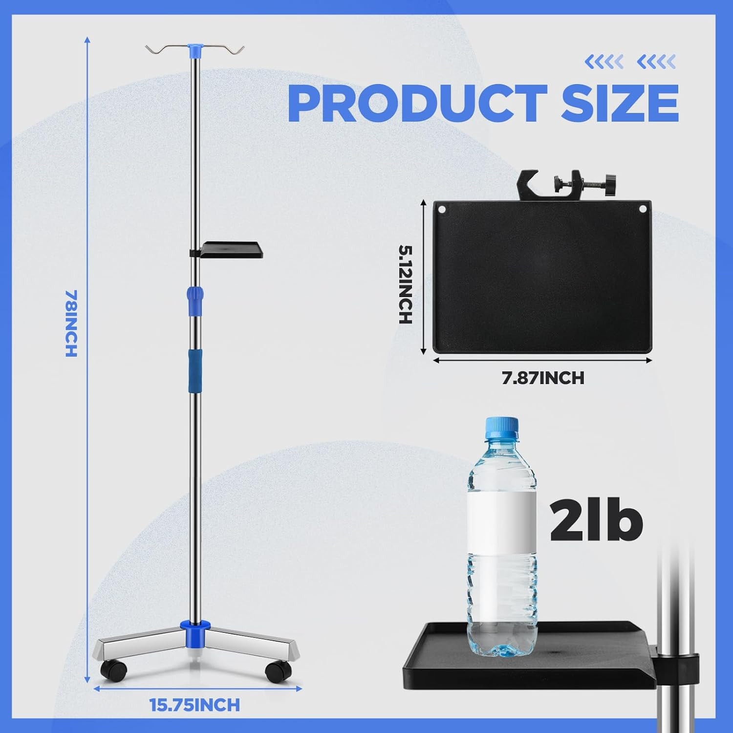 IV Pole with Wheels and Tray Adjustable Portable Medical IV Poles Stainless Stee