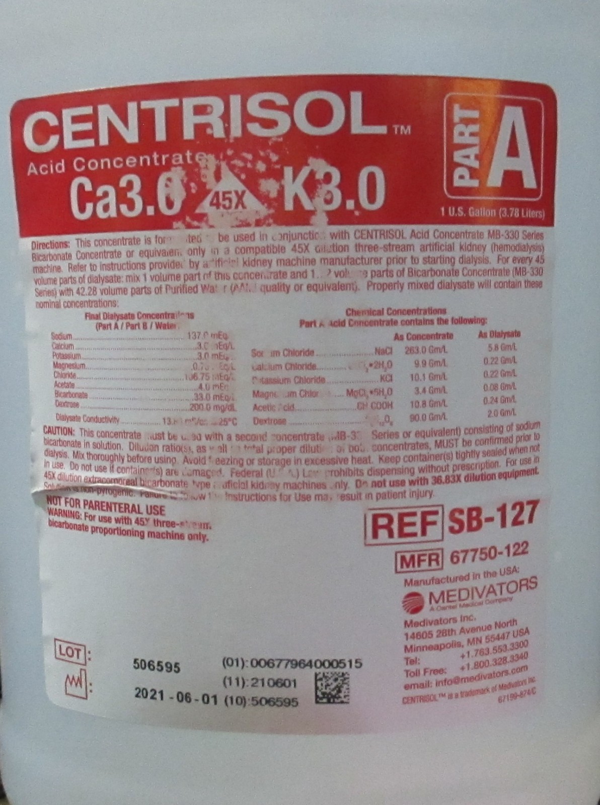 Medivators Centrisol Acid Concentrate Ca3.0 K3.0 Pt A SB-127 1G 3.78L 67750-122