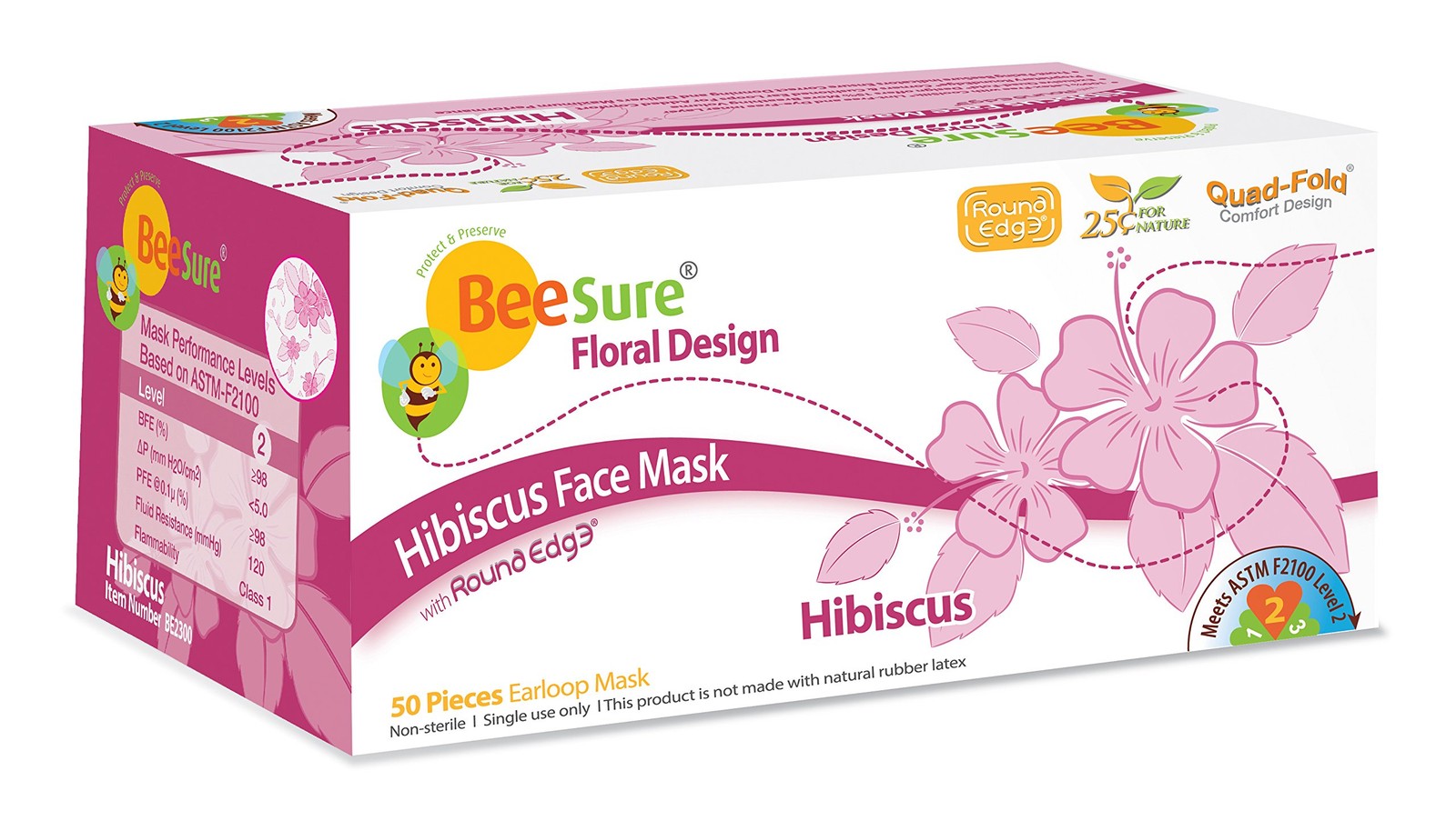 BeeSure BE2300 Floral Face Masks, Hibiscus Pink (Pack of 50) 50,