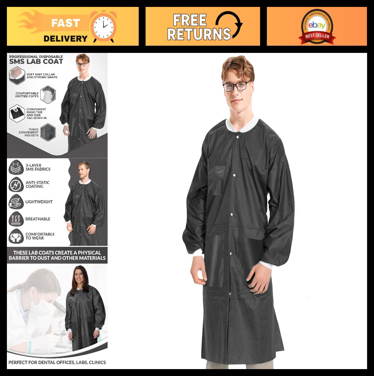 10 Disposable Lab Coats – Durable Knee Length, Reusable with Pockets, Unisex, Bl