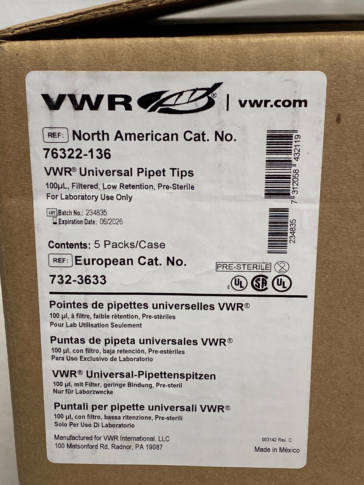 (4800/Cs) VWR 100uL Low Retention Filtered Pipet Tips 50×96/Rack 76322-136