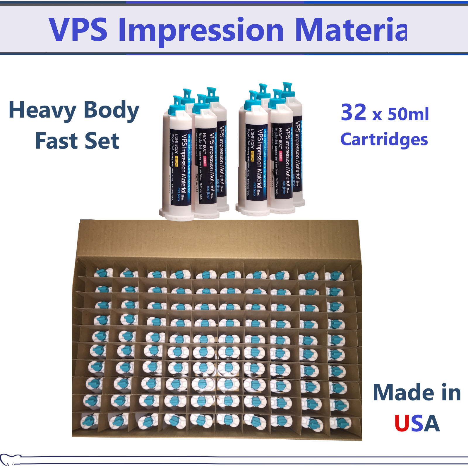 Dental Impression Material, VPS Medium Body, Fast Set, 32 x 50ml Cartidges, USA