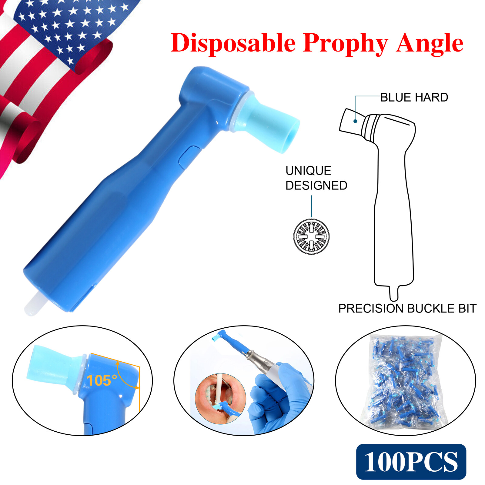 100pcs Dental Disposable Pro Angle Prophy Angles Cup Blue Color New 105°
