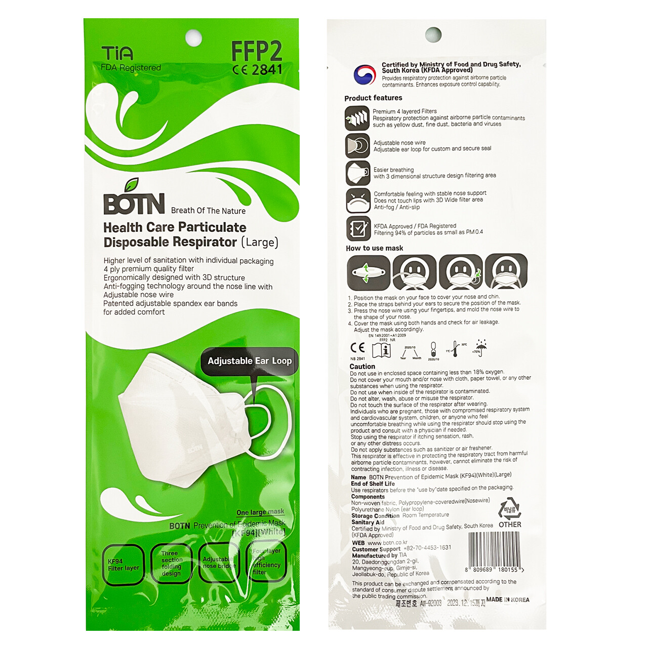 10 PACK KF94 WHITE BOTN Protective Face Mask Adult Made in Korea KFDA Certified
