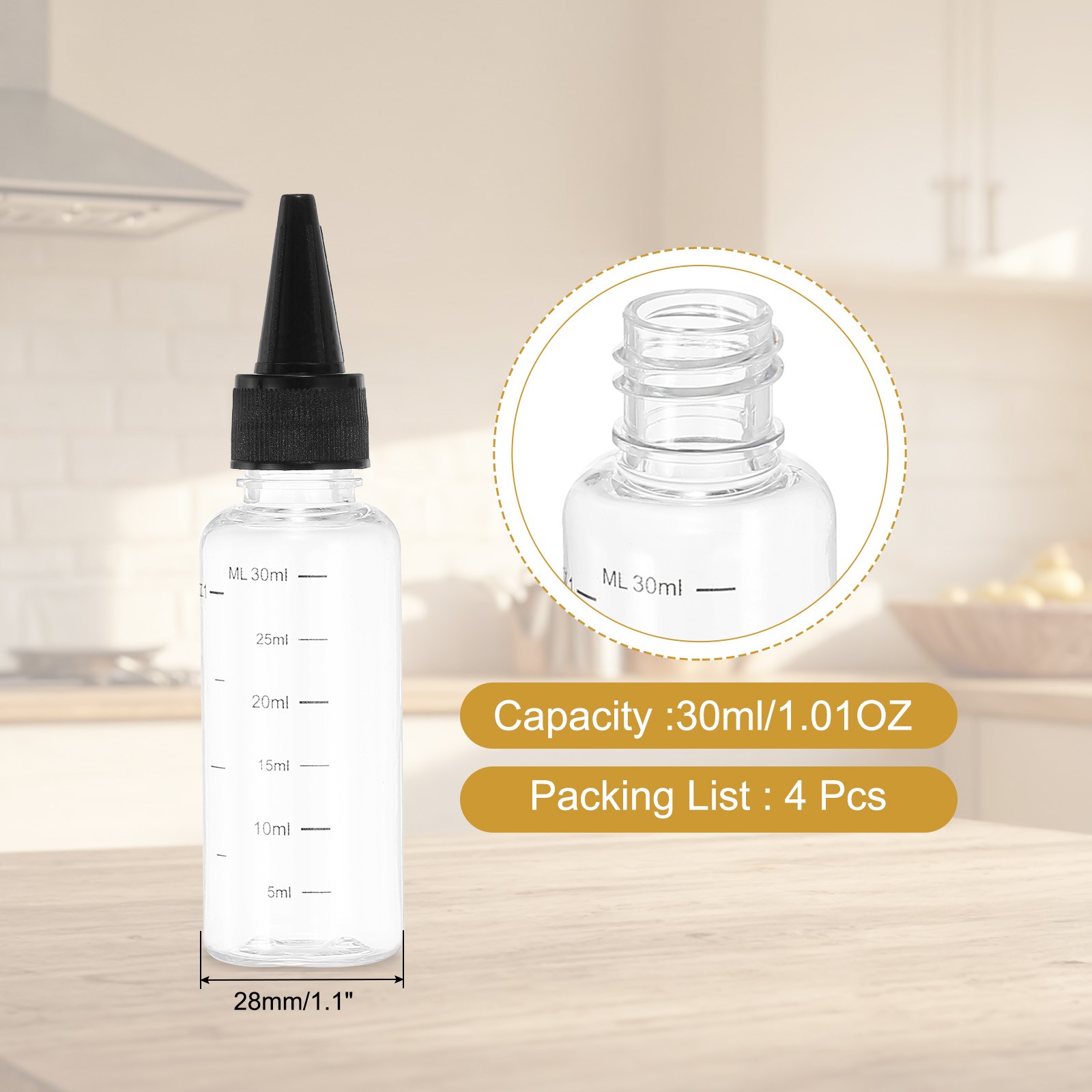 30ml/1OZ Squeeze Bottle with Top Cap, 4 Pcs Dispensing Bottle, Transparent