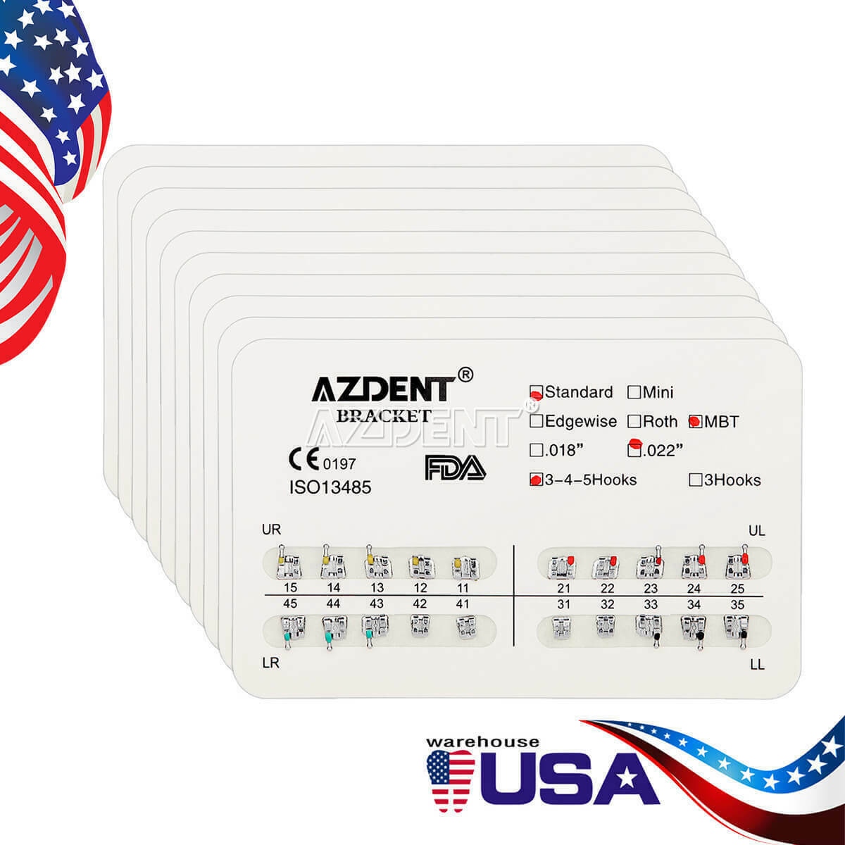 10X AZDENT Dental Orthodontic Metal Brackets Braces Standard MBT.022 Hooks 3-4-5