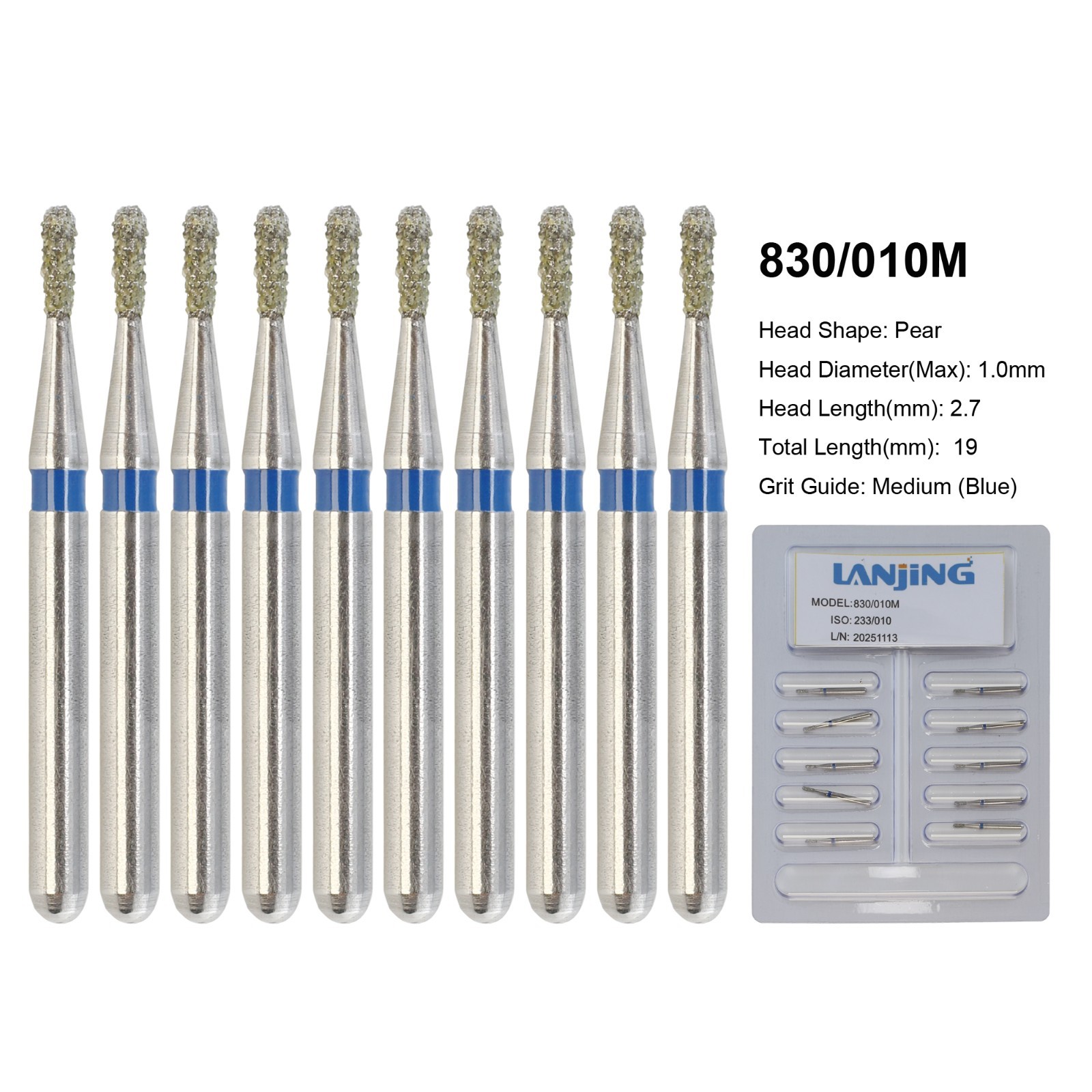 Dental Bur 330 Pear Diamond Bur 830/010M Medium Grit High Speed Friction Grip