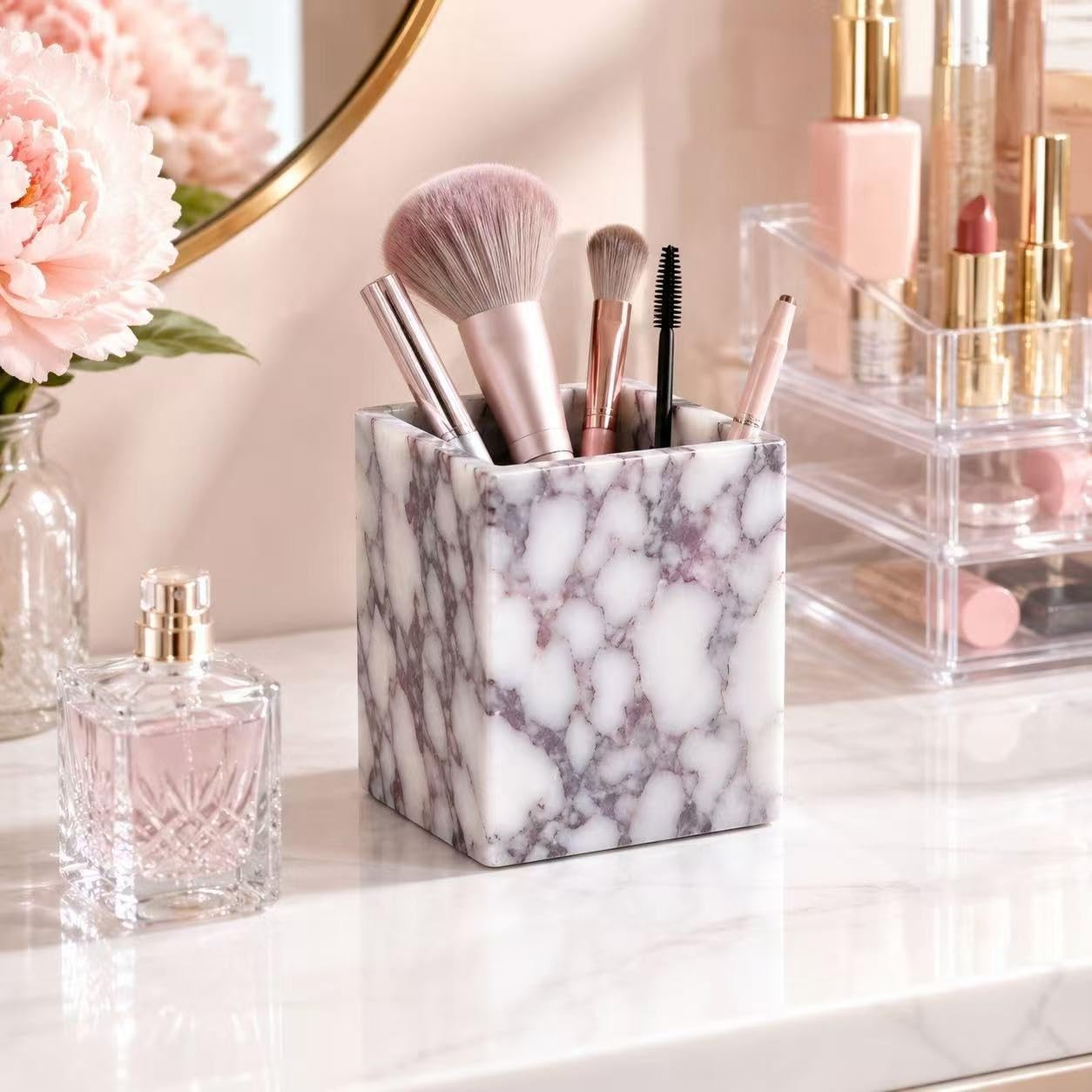 Artisanal Abode Marble Pen Holder Natural White Marble Pencil Cup And Square