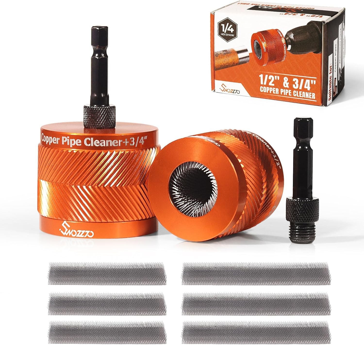 1/2″ & 3/4″ Metal Copper Pipe Cleaner Set,with 1/4 Hex 1/2 & 3/4, Orange