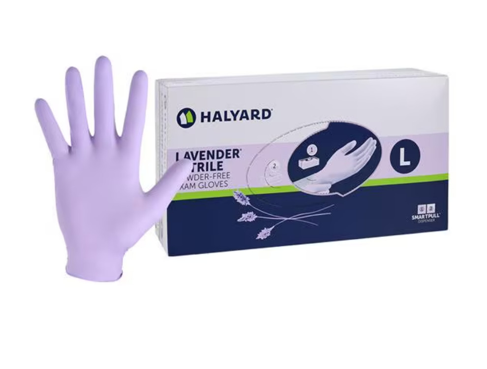 2 Boxes of 250, HALYARD Lavender Nitrile Exam Gloves, Powder-Free, Large.