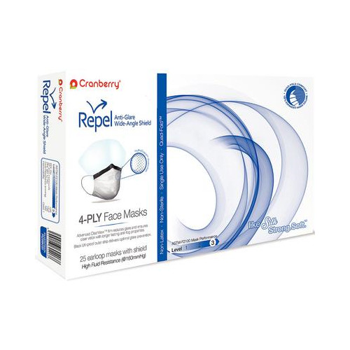 Cranberr R2980SI Repel 4-Ply ASTM Level 3 Face Masks With Shield Pearl 25/Bx