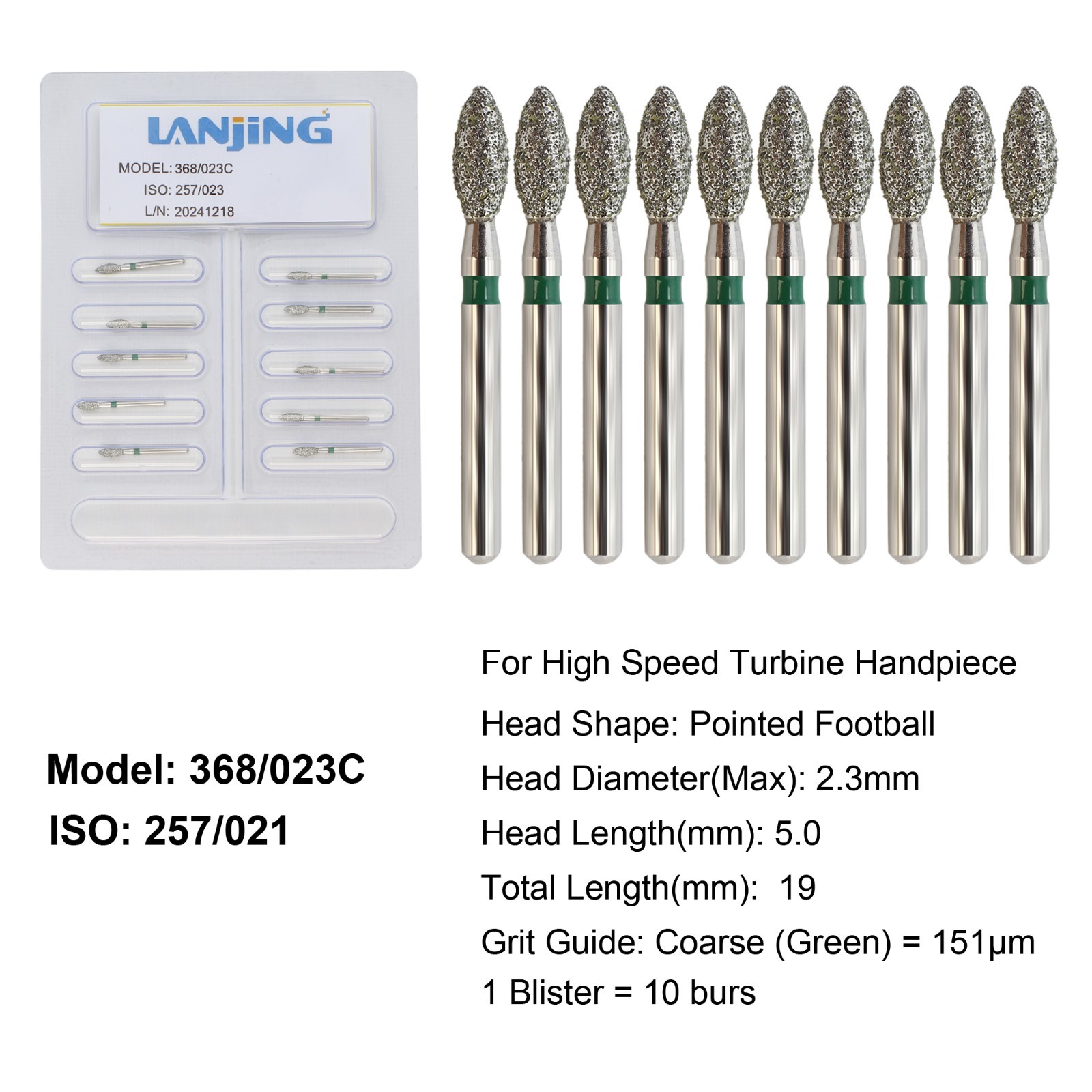Dental Football Diamond Bur Coarse FG High Speed Burs 368/023C Friction Grip