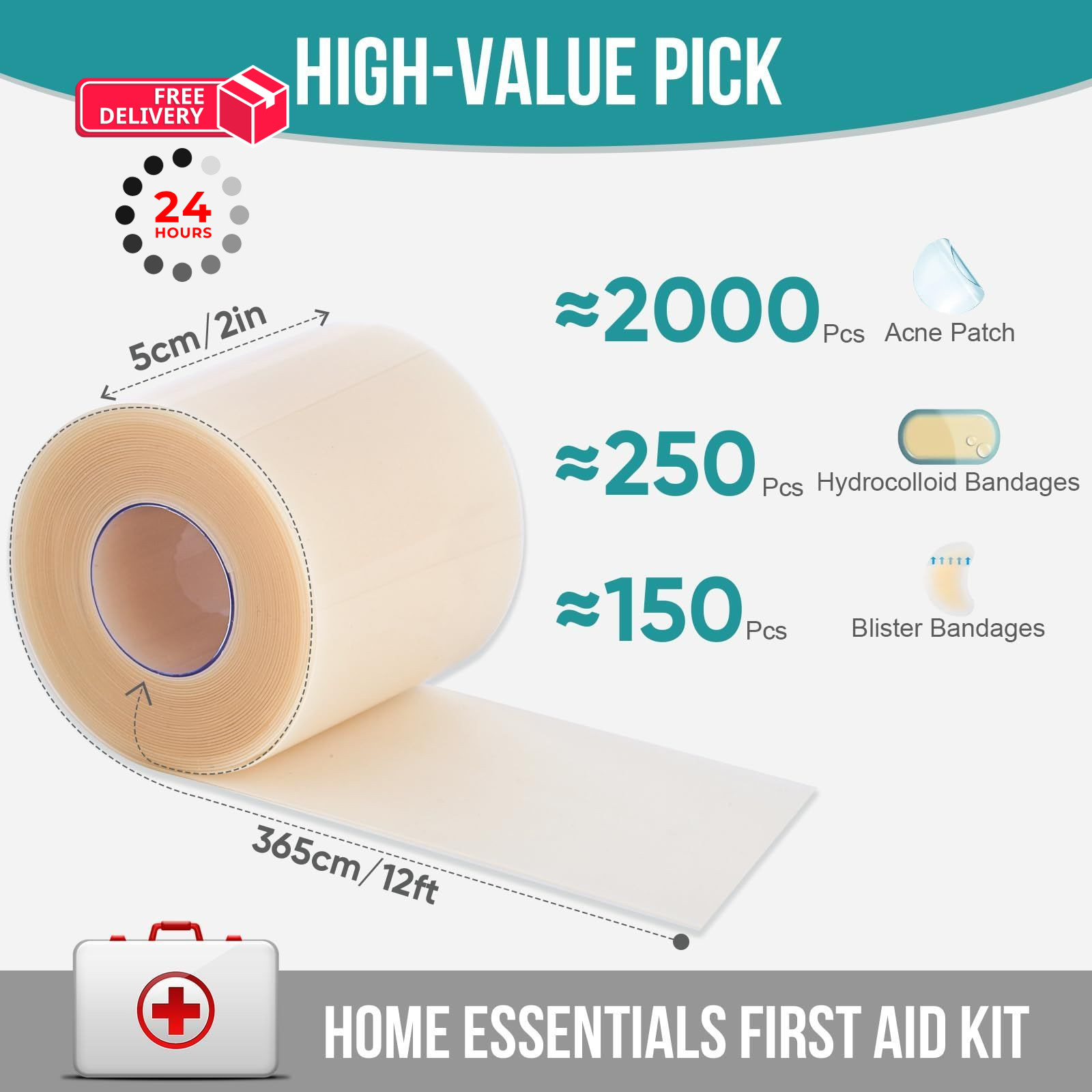 Hydrocolloid Roll for Wound Care, Patch 2in x 12ft, Transparent
