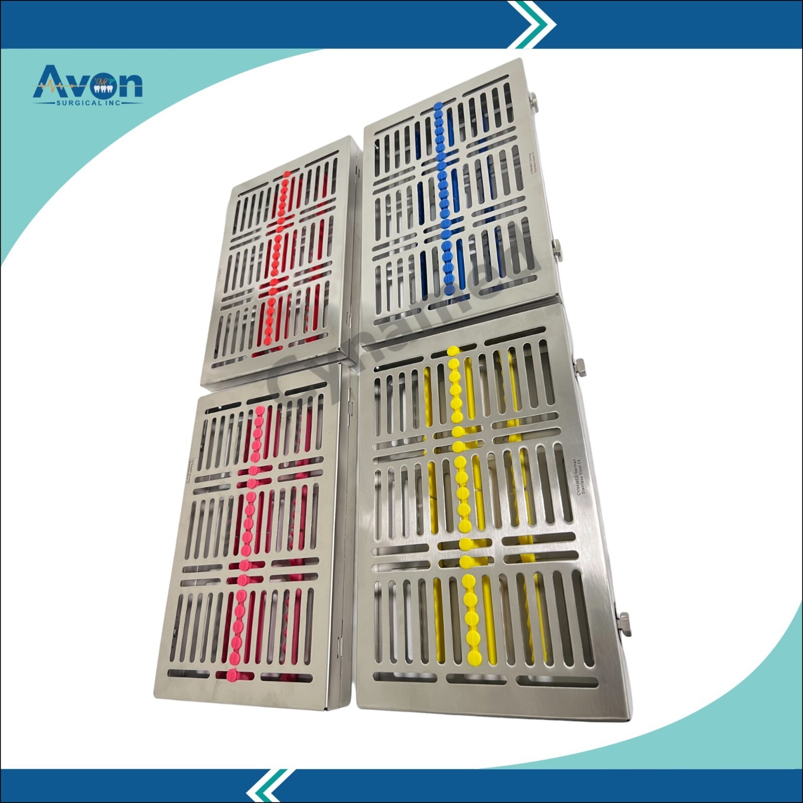 4 Pack – Sterilization Cassette with Double Button & Detachable Lid German Steel