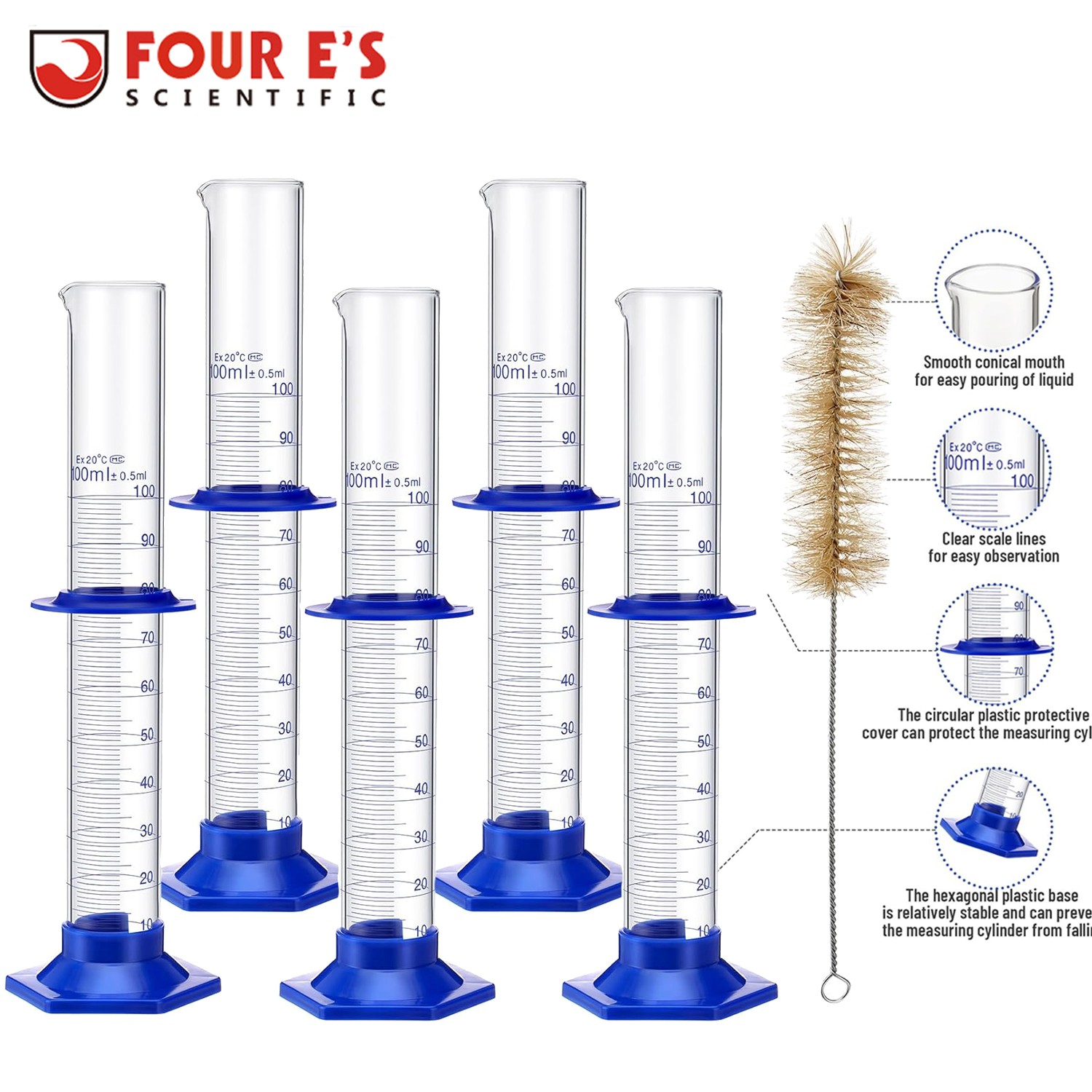 5pcs Set Graduated Cylinder 100ml Measuring Cylinder Lab Flask Glass with Brush
