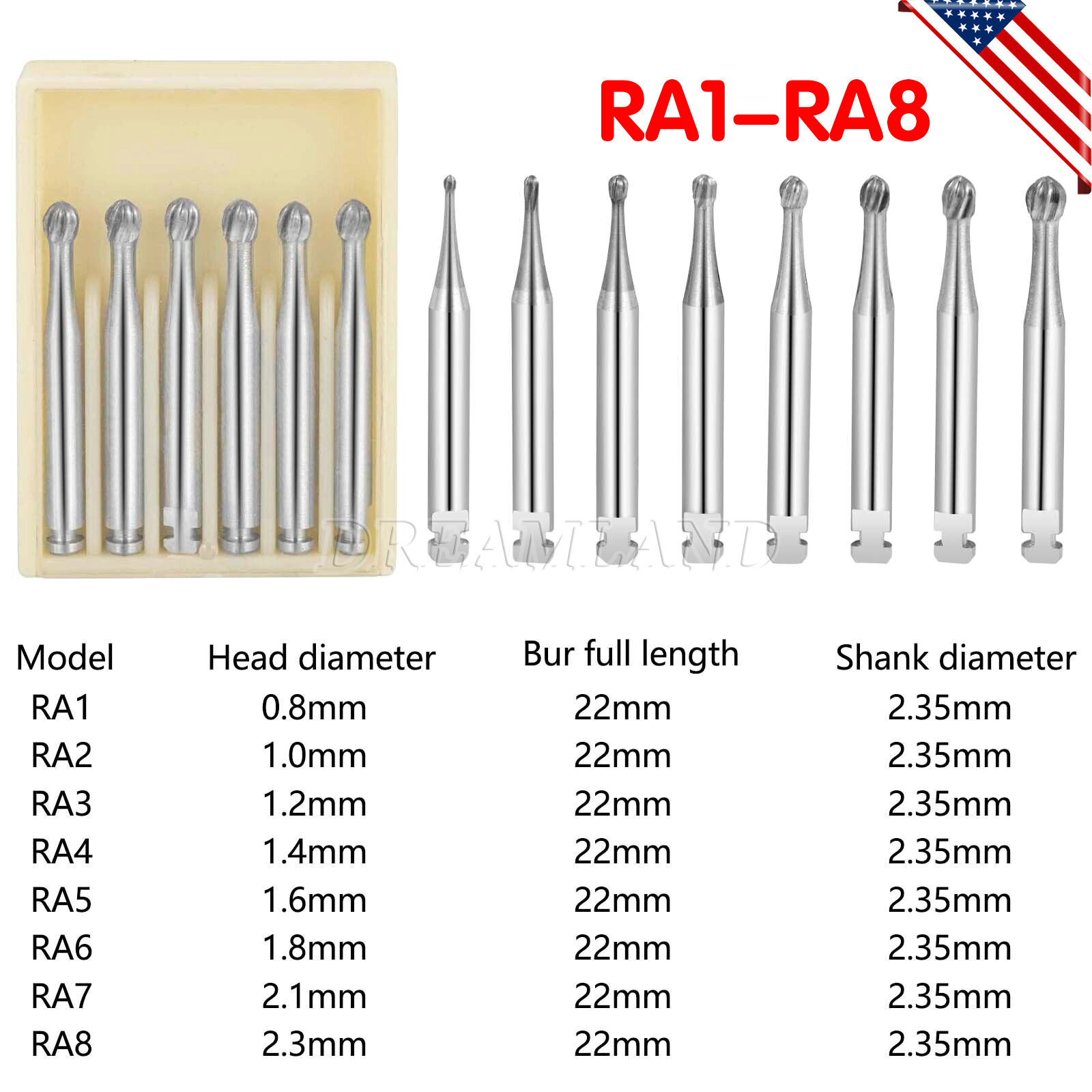 Dental Round Latch Carbide Bur RA 1 2 3 4 5 6 7 8 Midwest For Low Speed