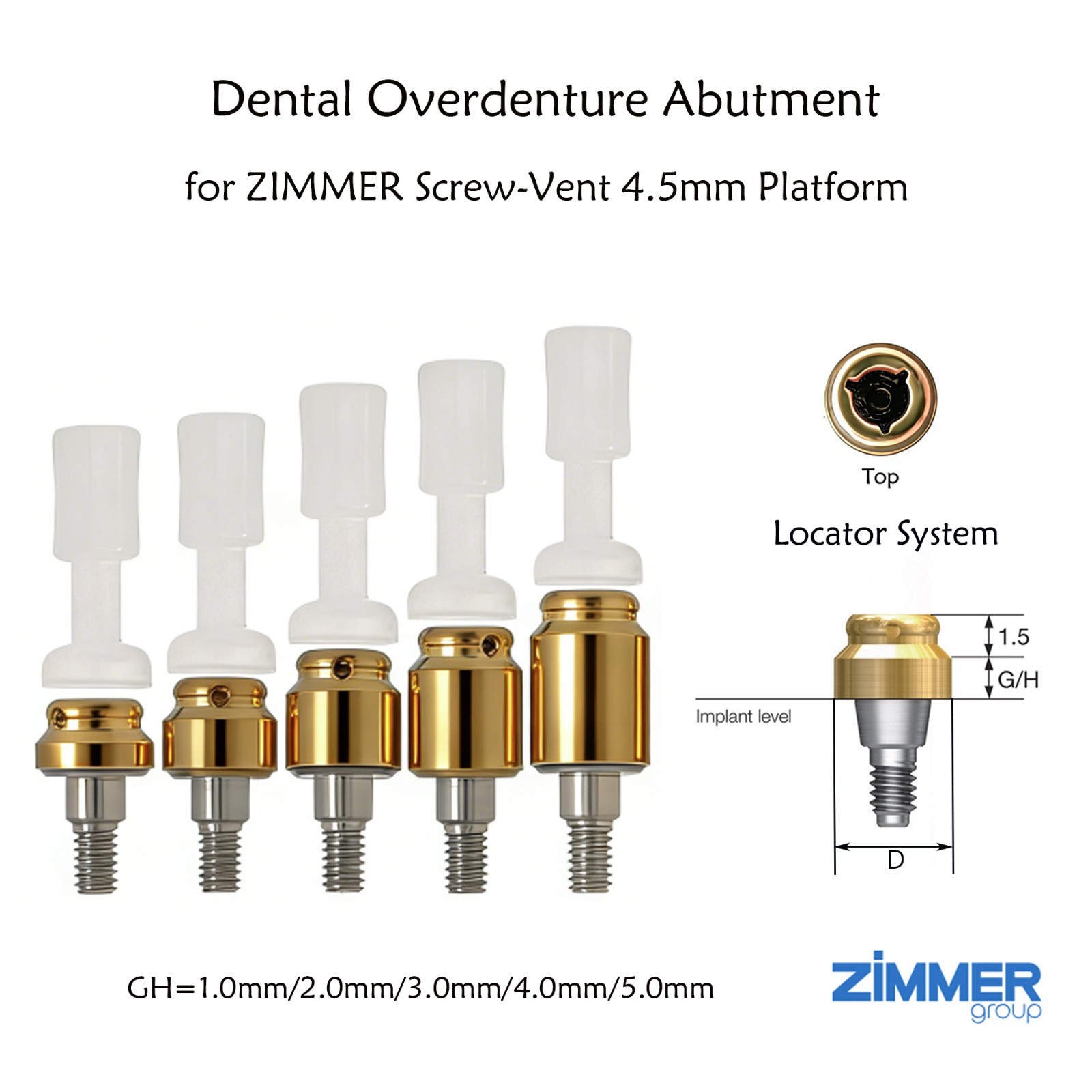 Dental Attachment Locator Abutment for Zimmer Screw-Vent 4.5 Platform 1-5.0mm H