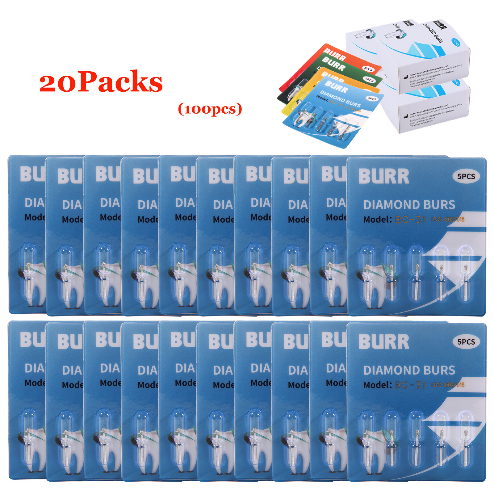 100 Pcs Dental Diamond Burs High Speed Handpiece Friction Grip 1.6mm 100 Types
