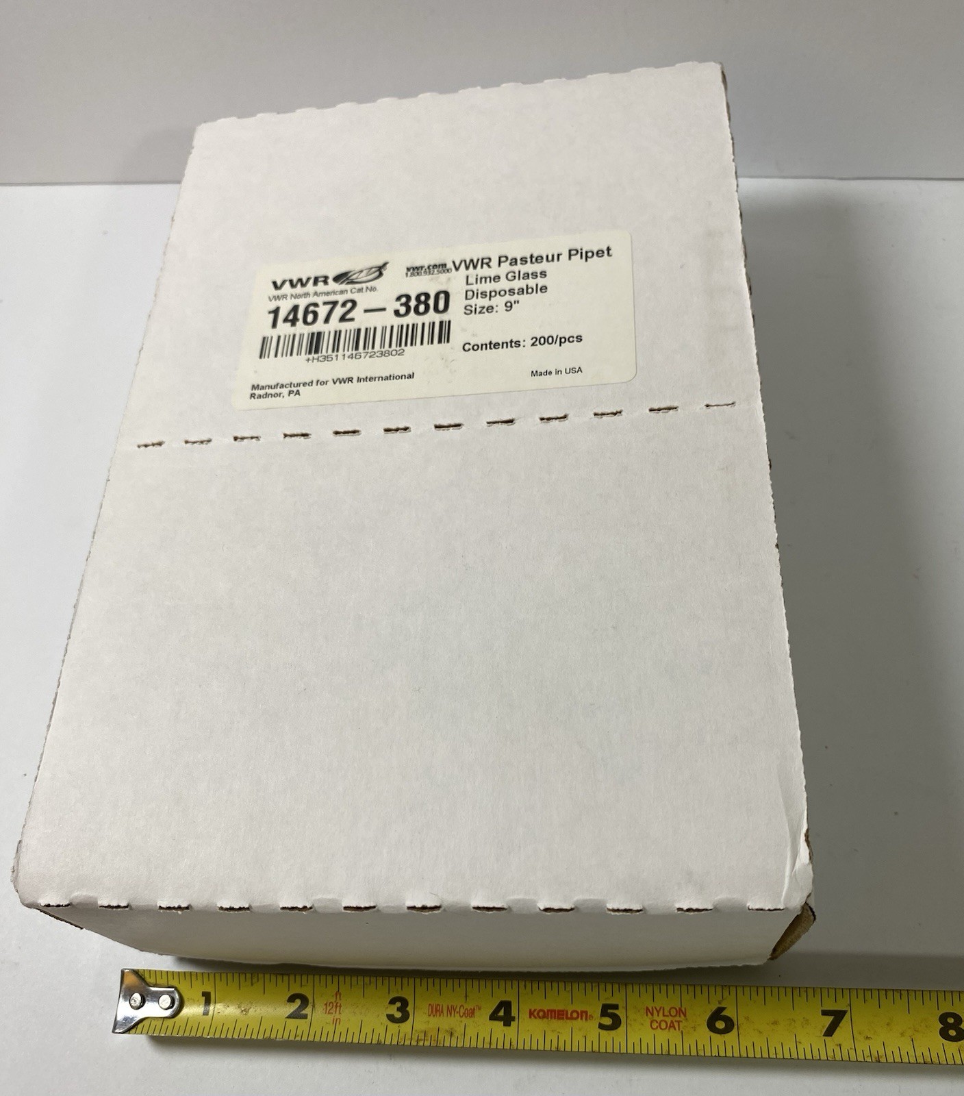VWR 14672-380 Disposable Pasteur Pipets, Lime Glass Length 9 Inch, Box of 200