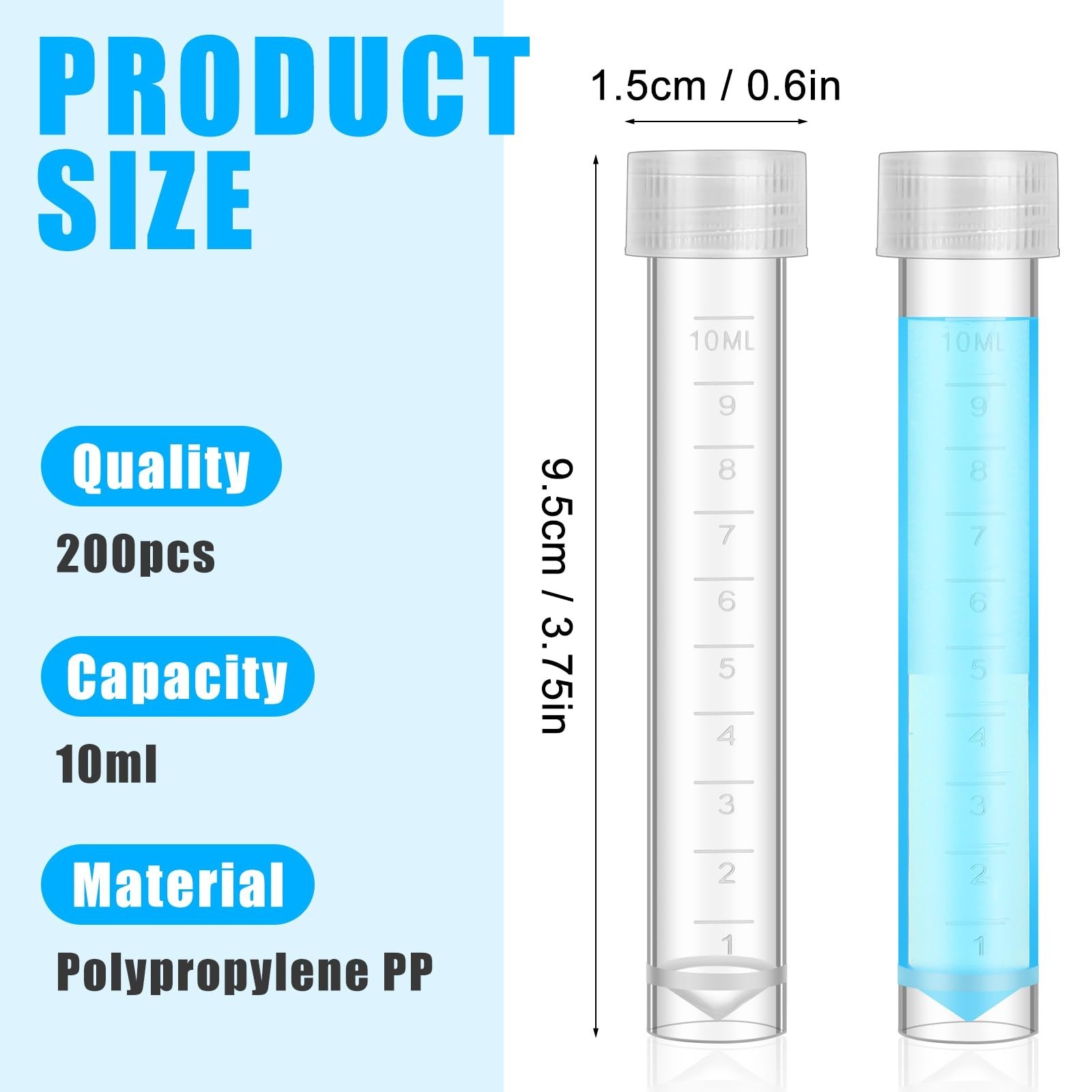 200 Pcs 10ml Plastic Test Tubes with Lids & Silicone Rings for Science, Samples