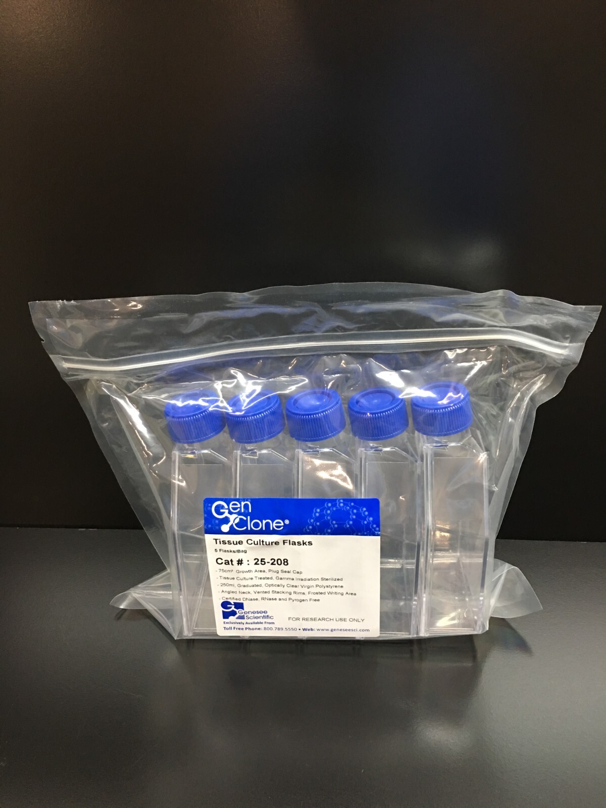 Gen Clone Cat No 25-208 Tissue Culture Flasks Plug Seal Cap 75 cm² 250mL 5/Bag