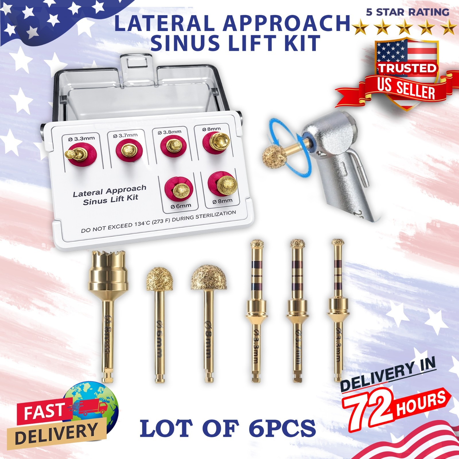 Lateral Approach Bur Sinus Lift Kit Dental Implant Diamond Golden Plastic Box