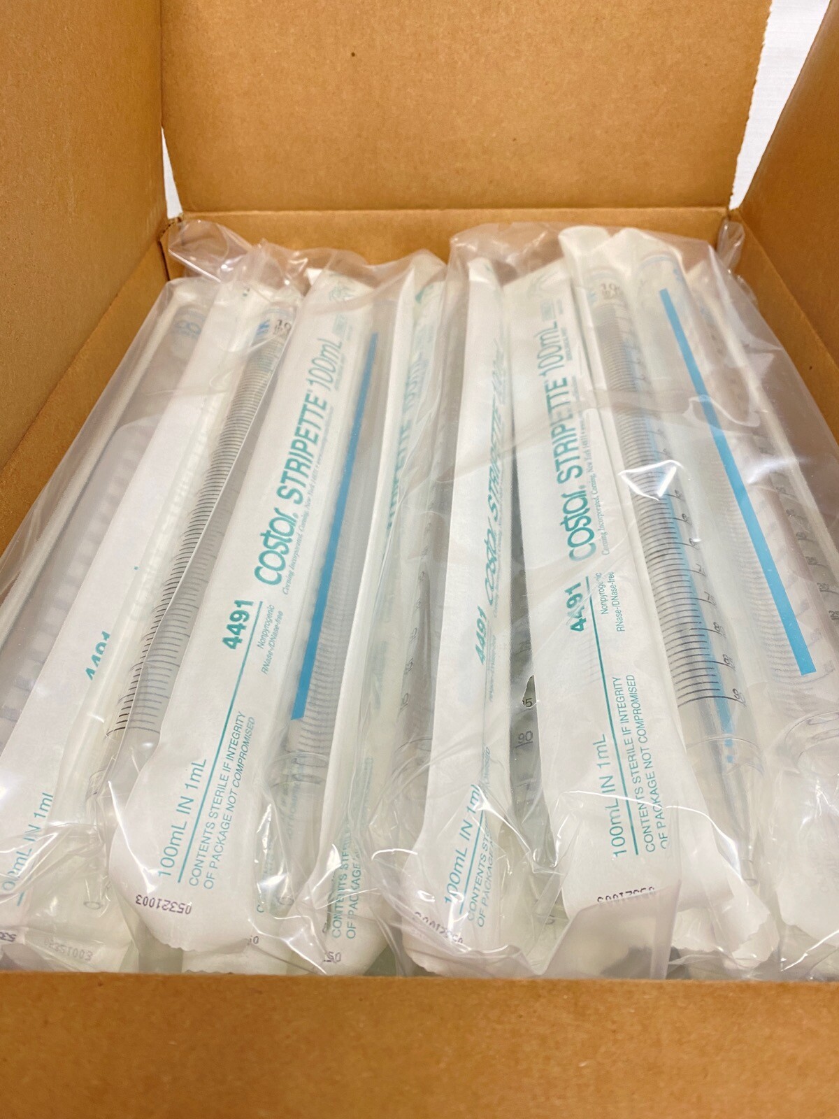 (100/Cs) CORNING 100mL Polystyrene Stripette Serological Pipettes Aqua Plug 4491