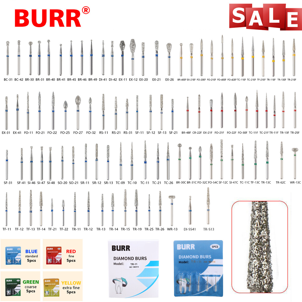 100* Dentist Diamond Burs Bur Bits Drill FG 1.6mm 102 Types High Speed