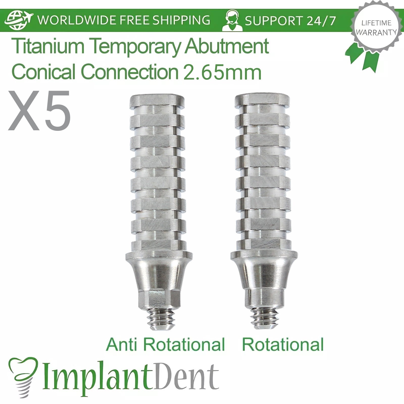 5x Titanium Temporary Dental Prosthetics RP Conical Connection 2.65mm Dentistry