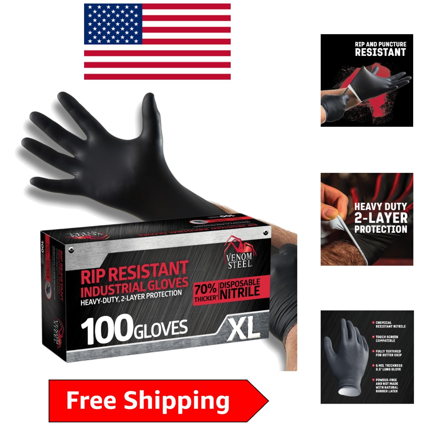 X-Large Black Nitrile Gloves, Heavy Duty, Waterproof, 6 Mil Thickness, 100 Count