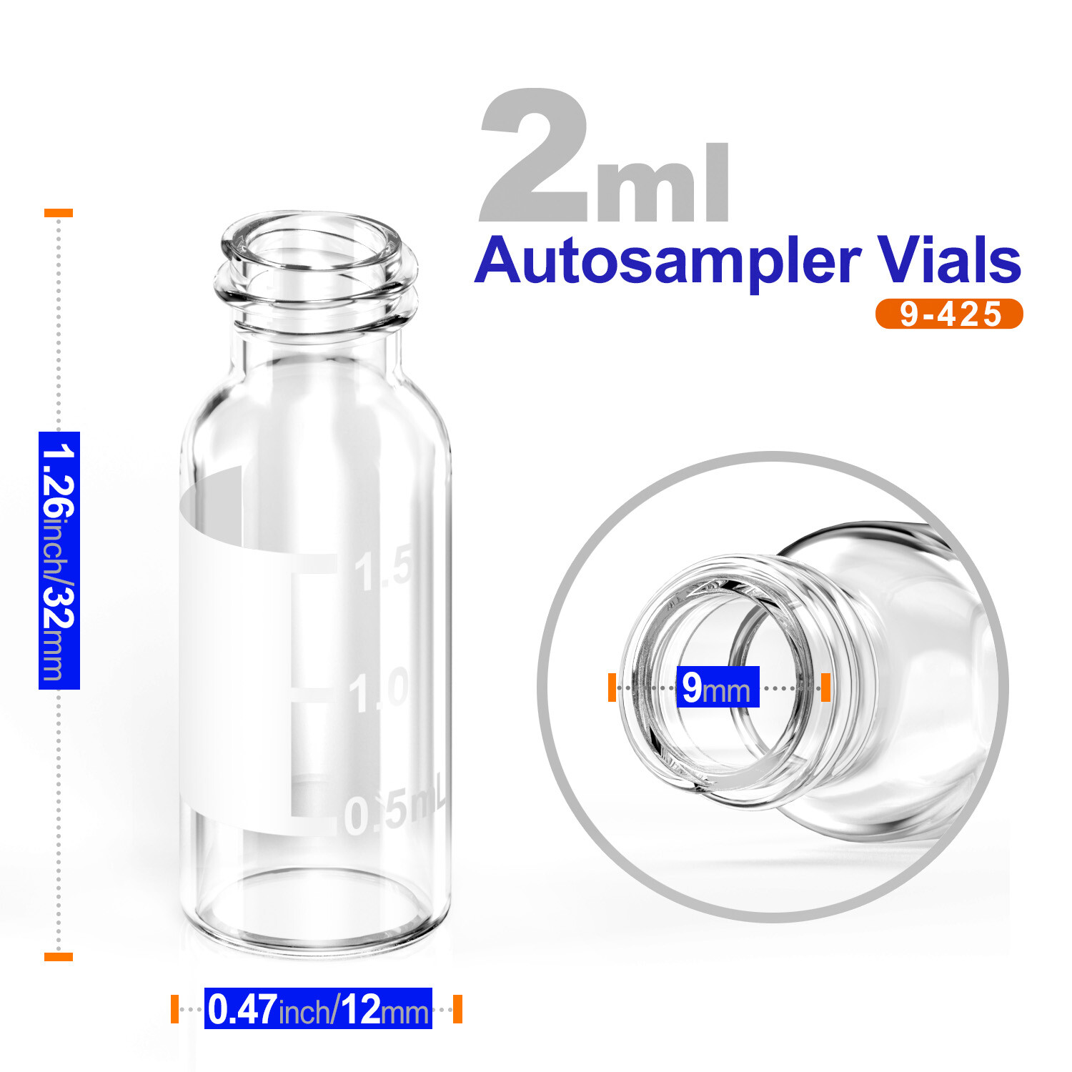 2ml Clear 9-425 Autosampler Borosilicate Glass Vial Screw Caps for HPLC/GC