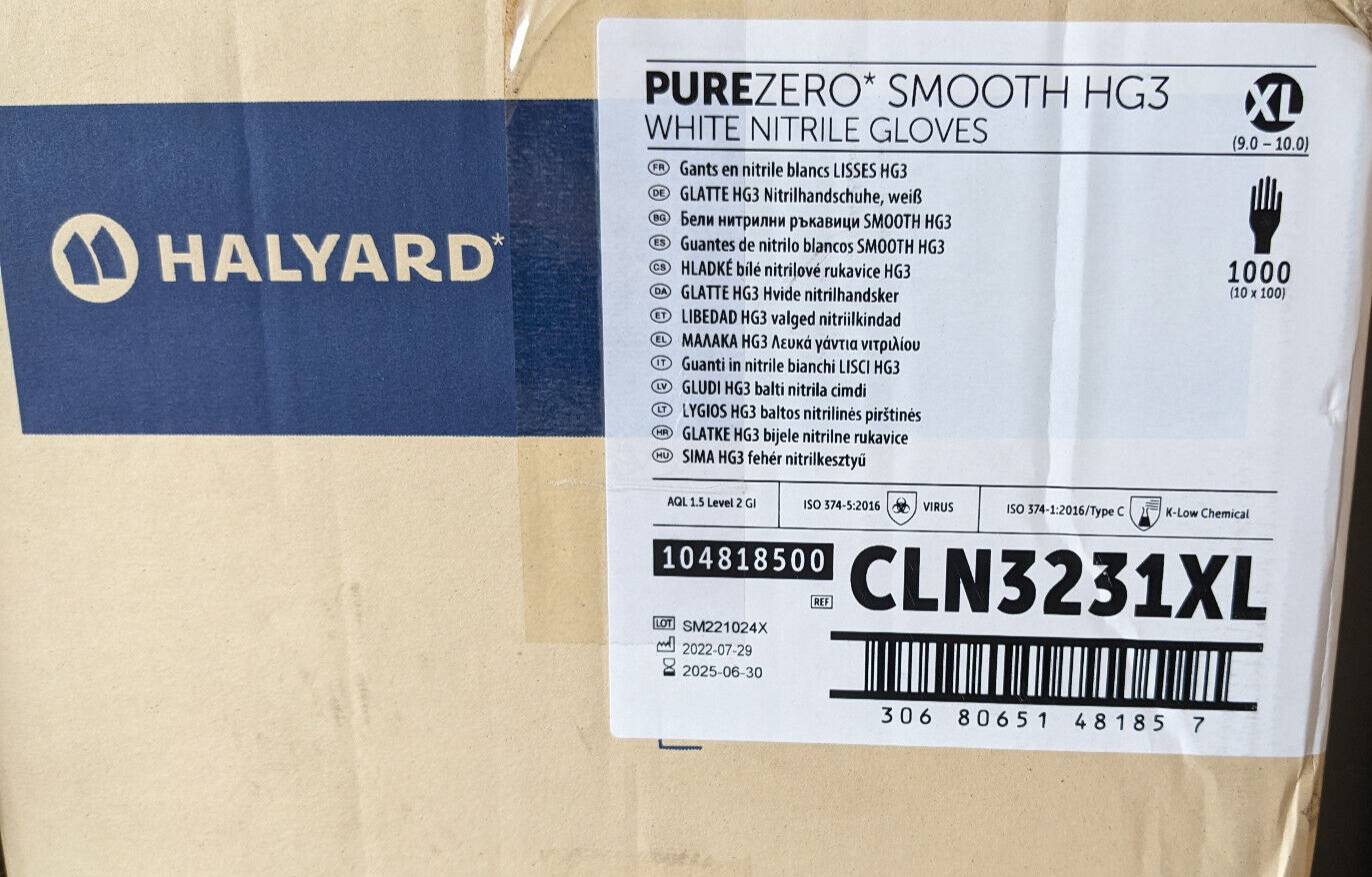 1000X Halyard CLN3231XL PureZero Smooth HG3 White Nitrile Gloves Extra Large