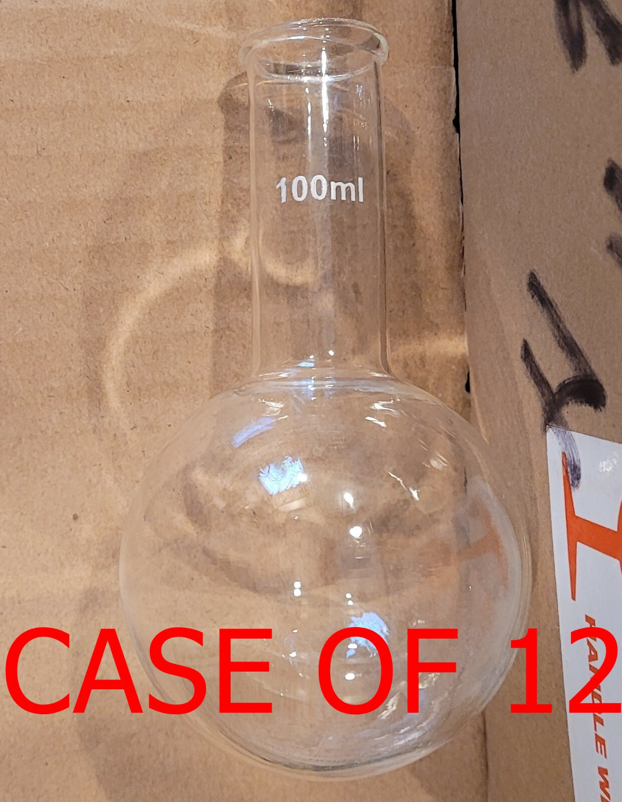 NEW CASE OF 12 100 ML LAB GLASS ROUND BOTTOM 13/16″ NECK BOILING FLASK GGC