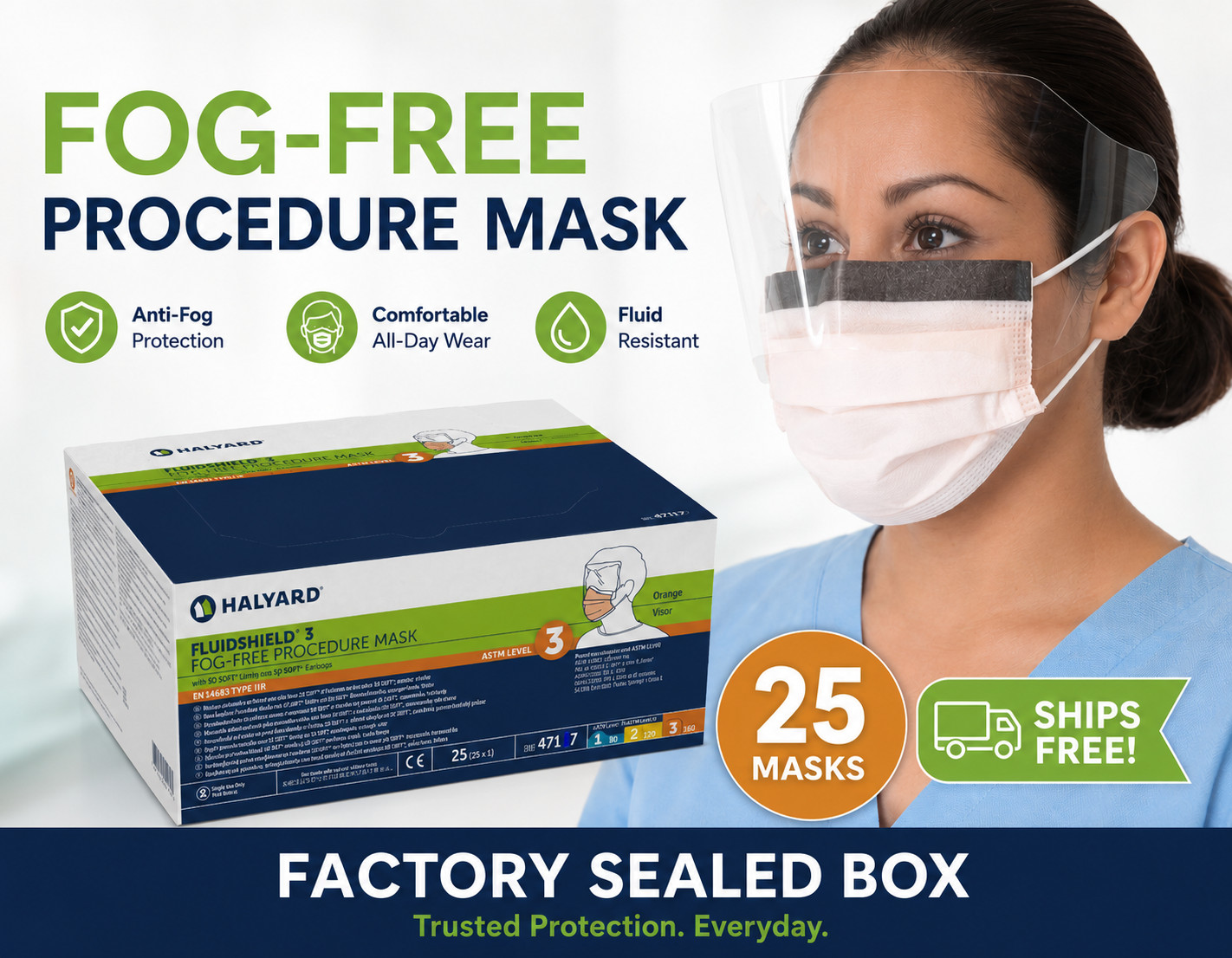 Halyard 47147 Fog-Free FluidShield ASTM Level 3 Procedure Mask Earloops 25-Piece